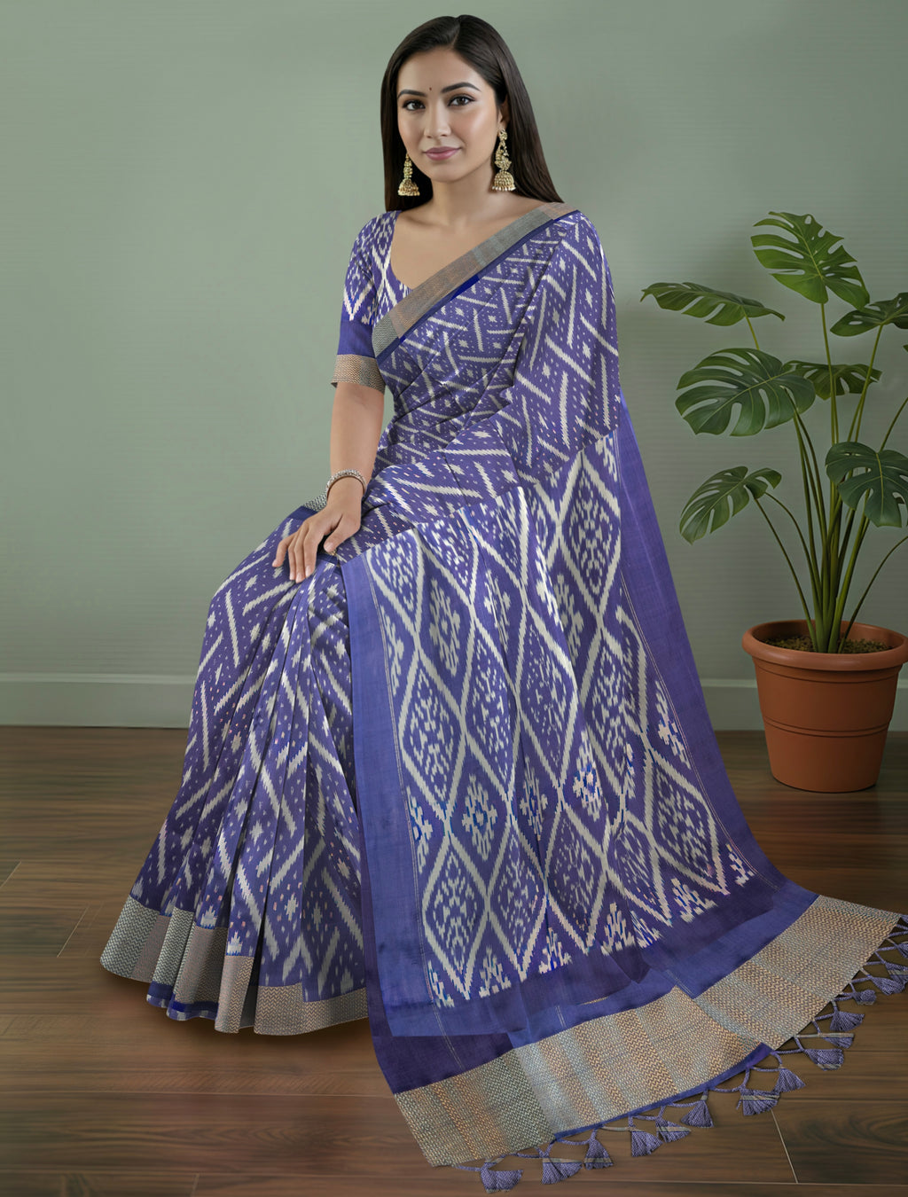 Pure Pochampally Silk Saree in Deep Purple with White Ikat Weaving & Silver Zari
