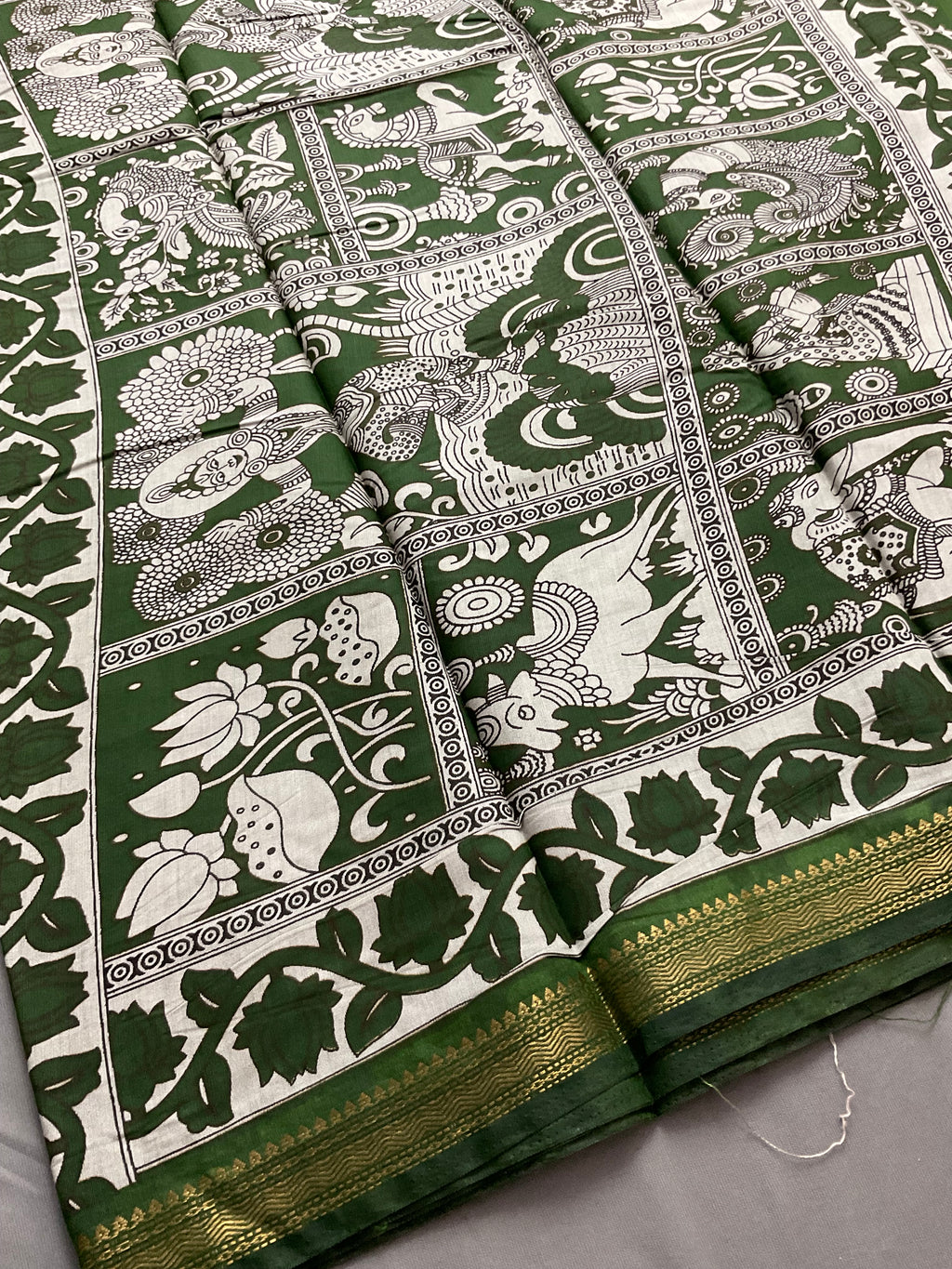 Pedana Kalamkari Hand-Block Soft Silk Saree in Deep Red with Green Designer Pallu & Gold Border