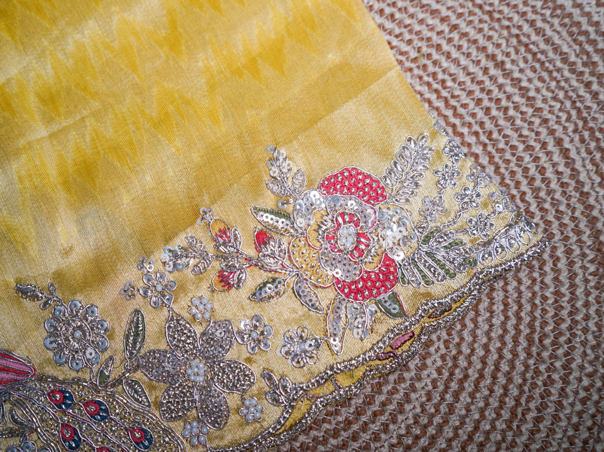 Lime Yellow Pure Silk Saree – Peacock & Radha-Krishna Figure Embroidery Designer Saree