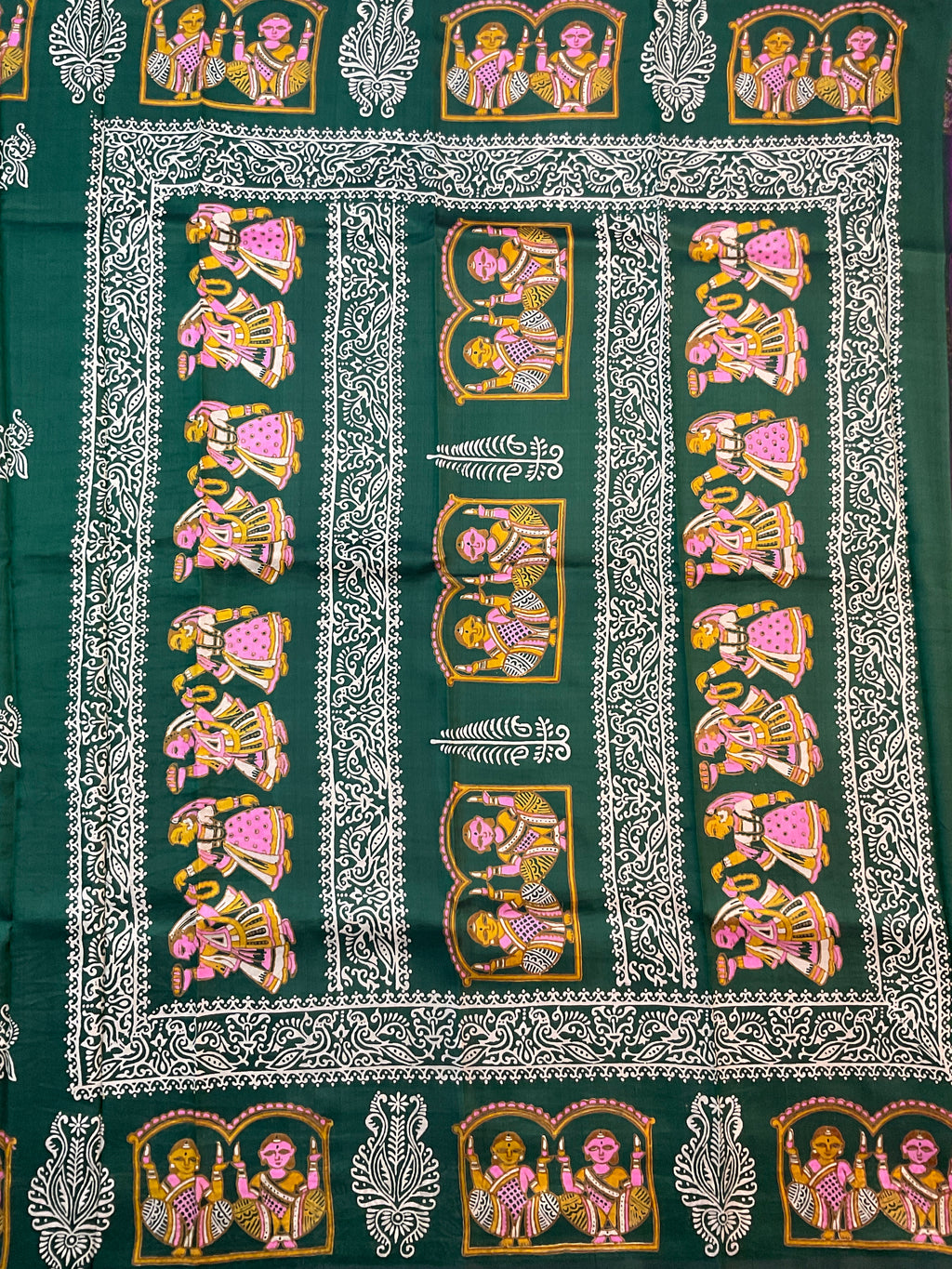 Kalamkari Hand Block Printed Pure Silk Saree in Green with Designer Pallu & Blouse