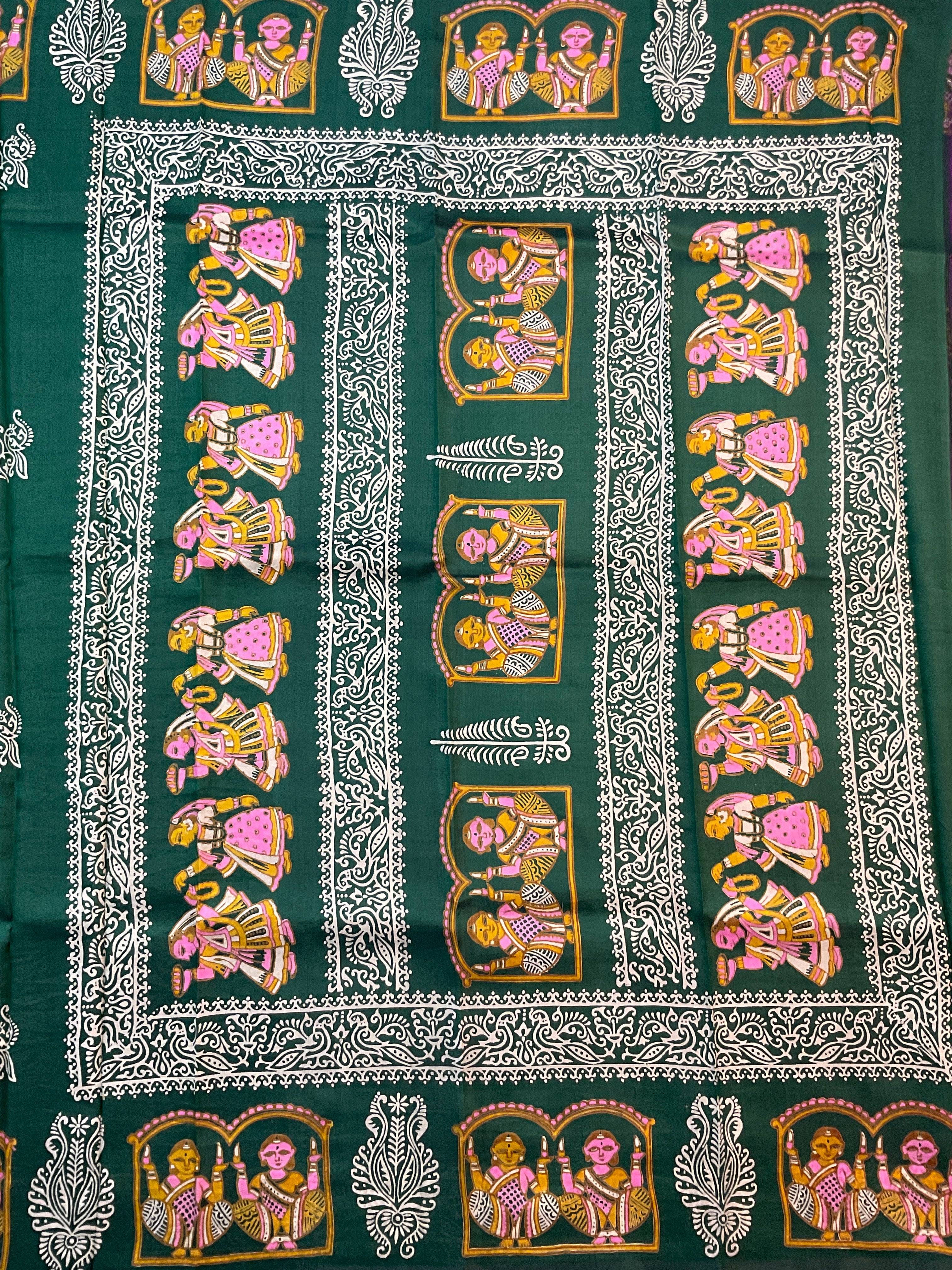 Kalamkari Hand Block Printed Pure Silk Saree in Green with Designer Pallu & Blouse