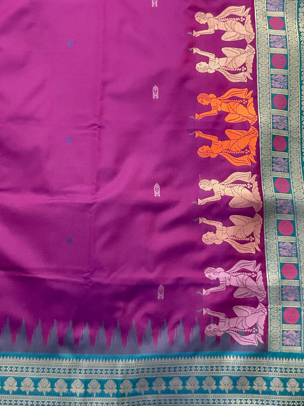 Vibrant Purple Jamdani Silk Saree with Temple Border and Blue-Green Pallu