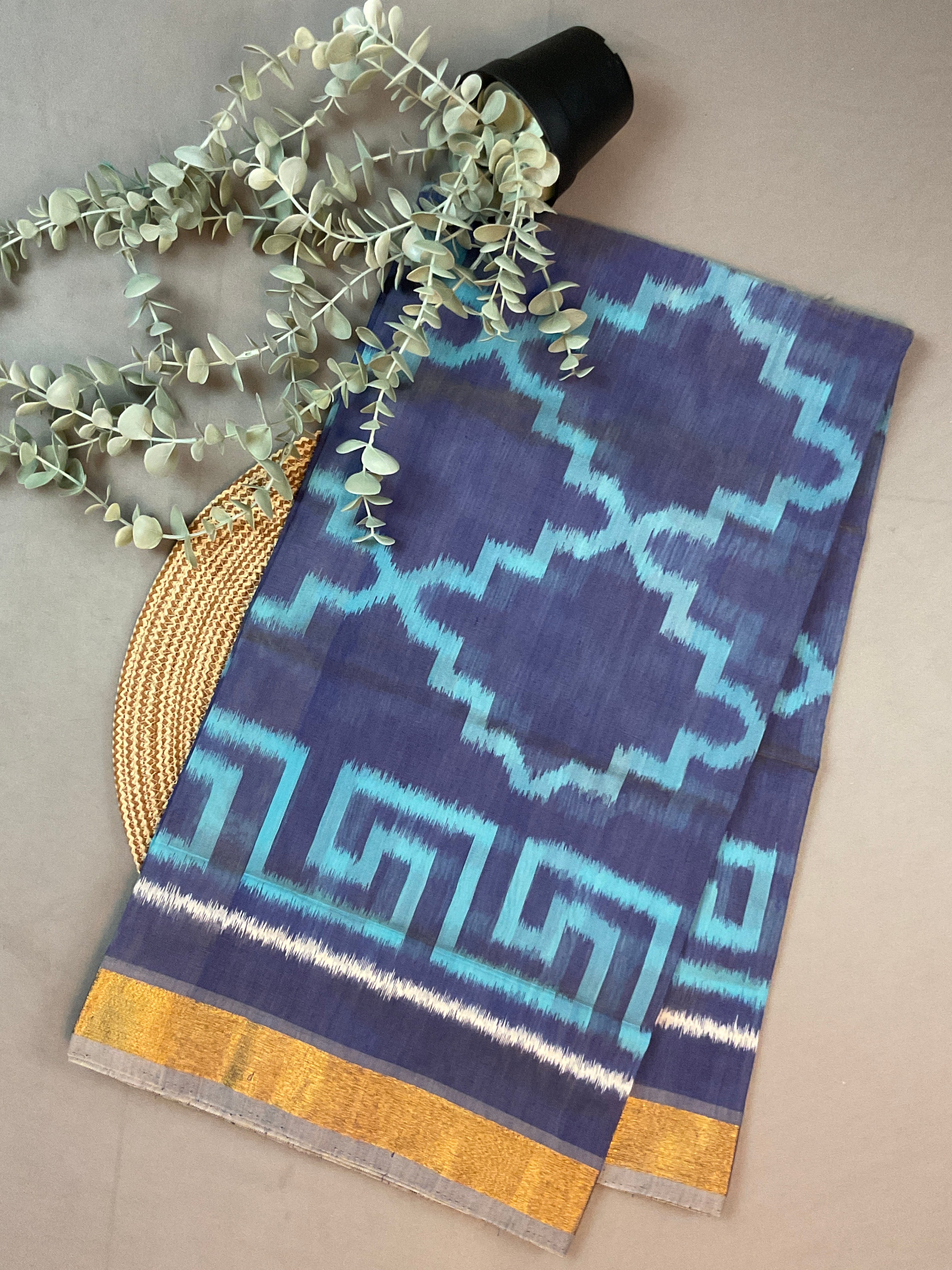 Blue Sico Silk Pochampally Dress Material