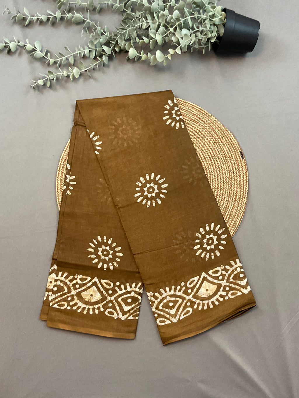 Brown Hand Batik Print Cotton Dress Material – Unstitched 3-Piece Suit