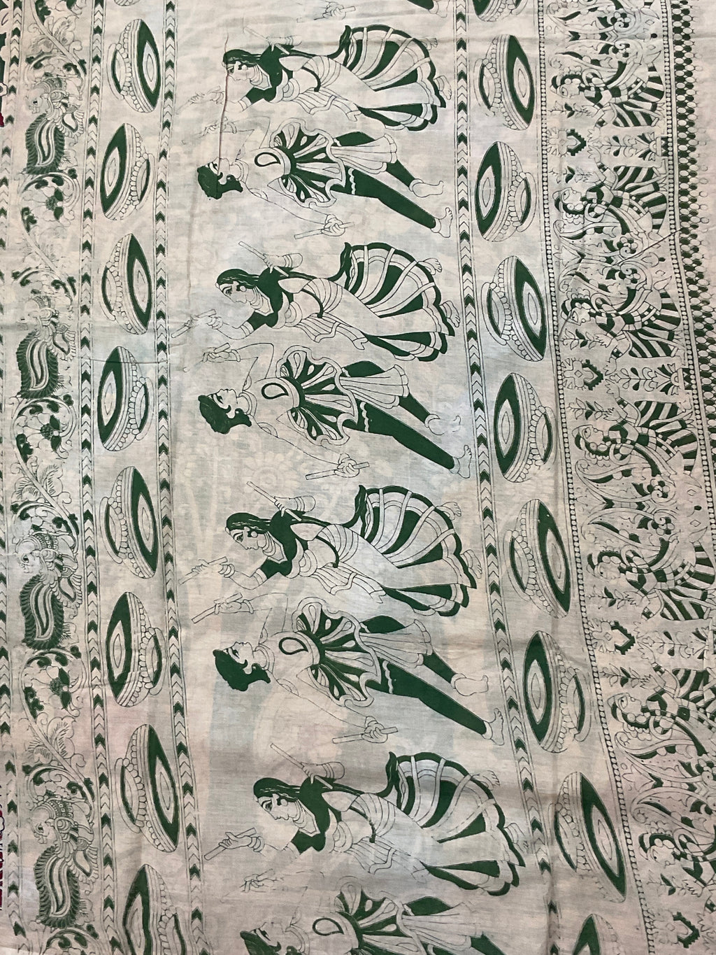 Kalamkari Hand Block Print Mul Cotton Saree – Olive Green | With Blouse Piece