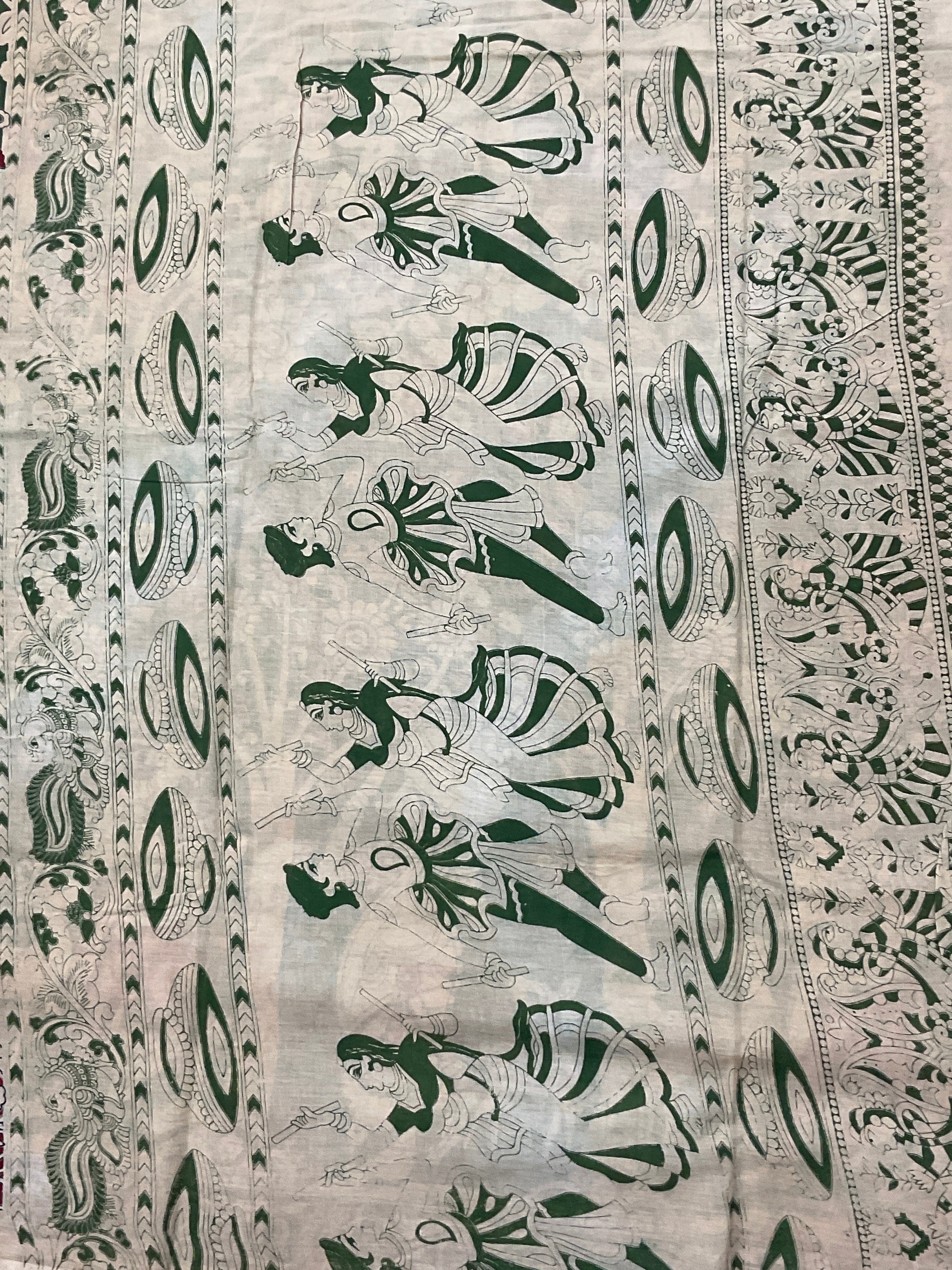 Kalamkari Hand Block Print Mul Cotton Saree – Olive Green | With Blouse Piece