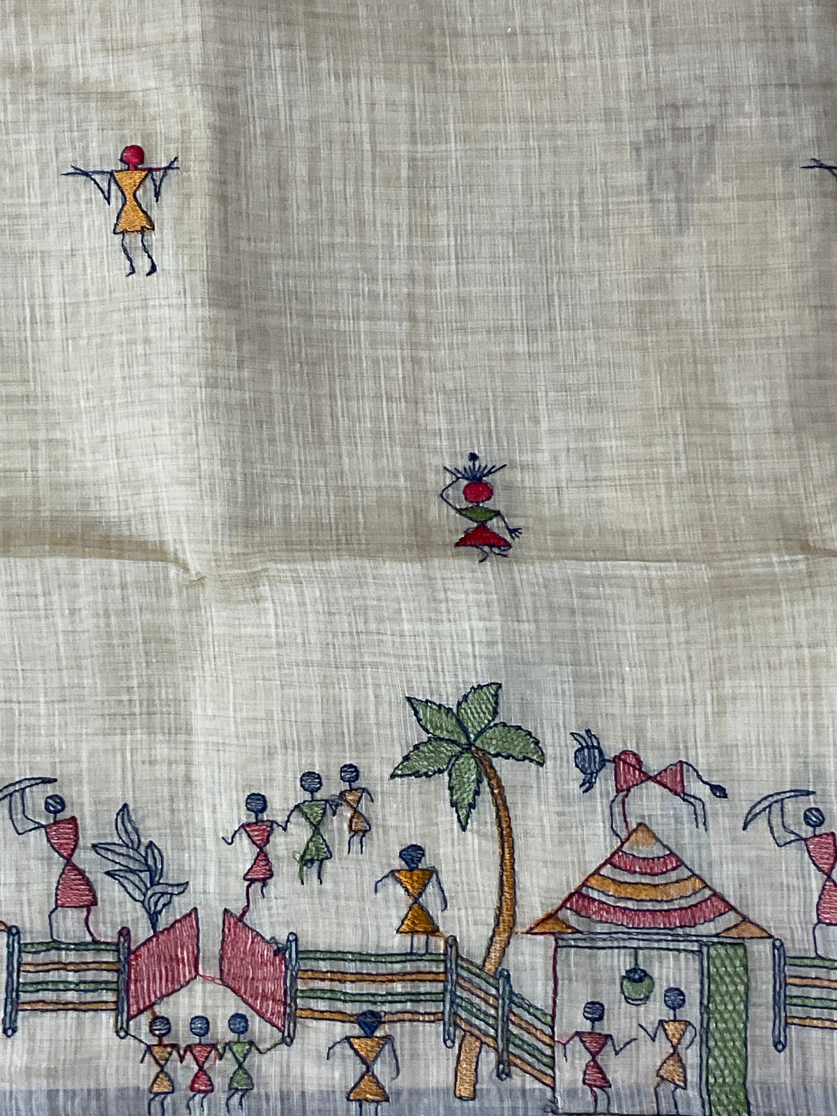 Warli Weaving Border Cotton Linen Saree in Royal Blue with Lined Pallu