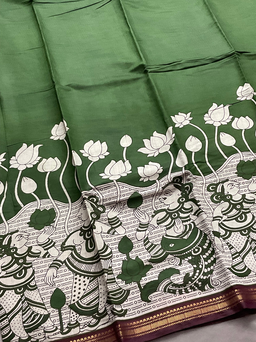 Pedana Kalamkari Hand-Block Soft Silk Saree in Deep Green with Maroon Designer Pallu & Gold Border
