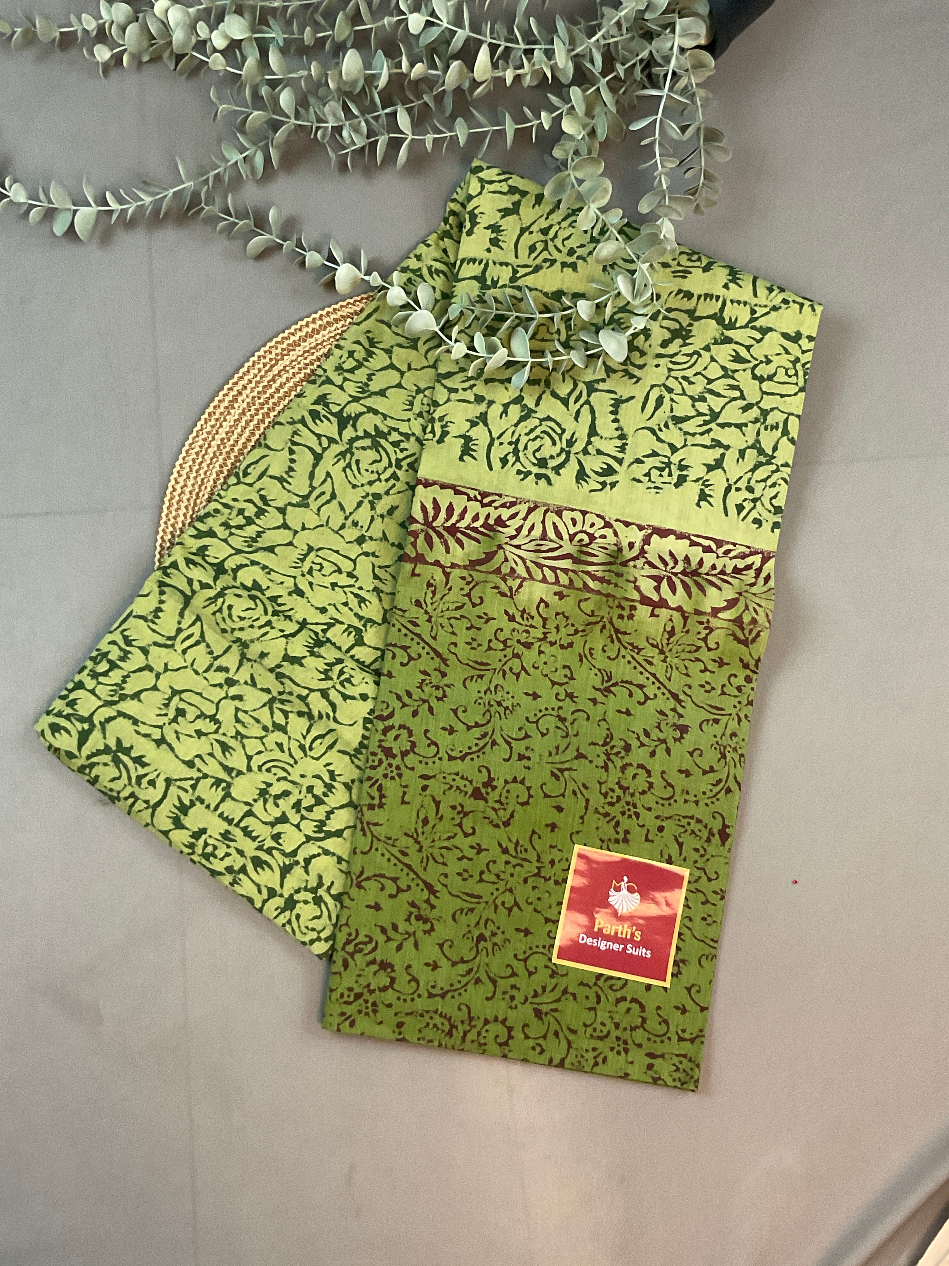 Dark Green Block Print Dress Material