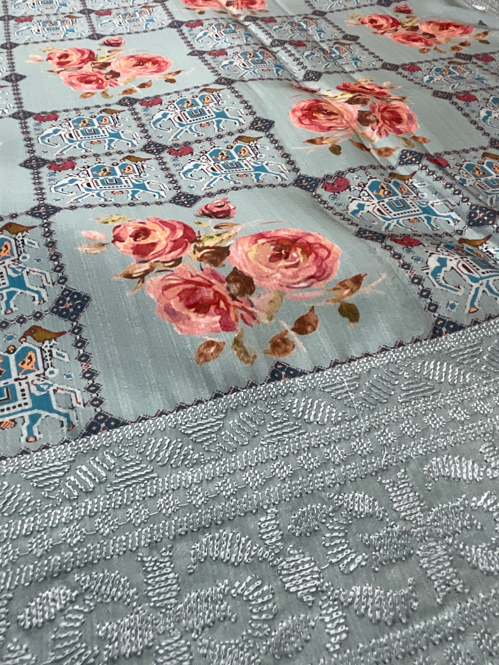 Sky Blue Printed Silk Saree with Floral Print and Computer Embroidery