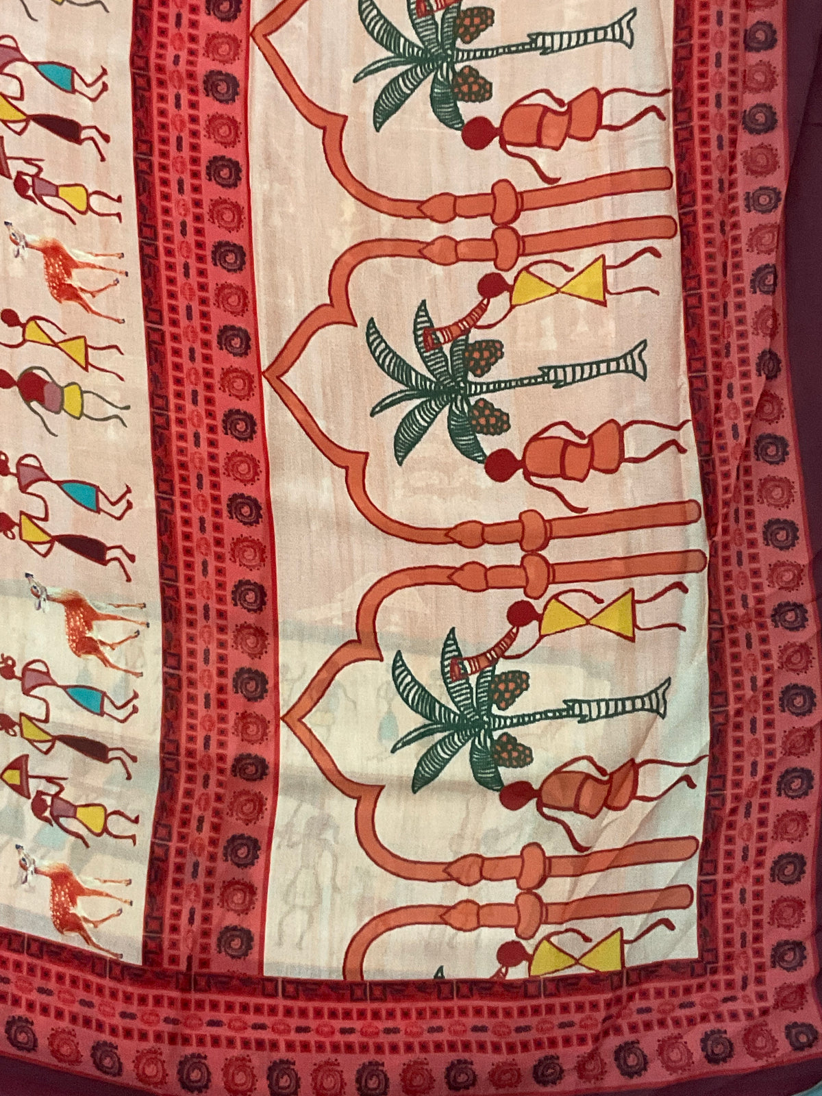 Kalamkari Vareli Printed Flowing Georgette Saree with Printed Border, Designer Pallu & Blouse – Red