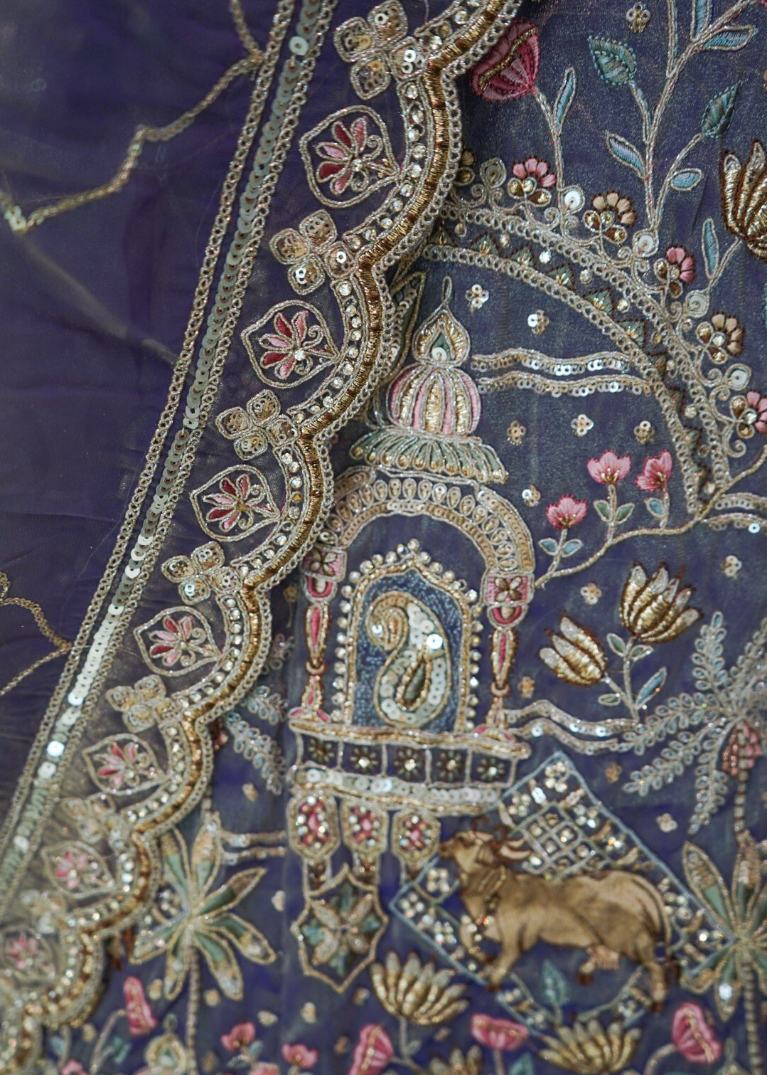 Antique Mauve Handloom Silk Bridal Lehenga with Pastel Floral Embroidery