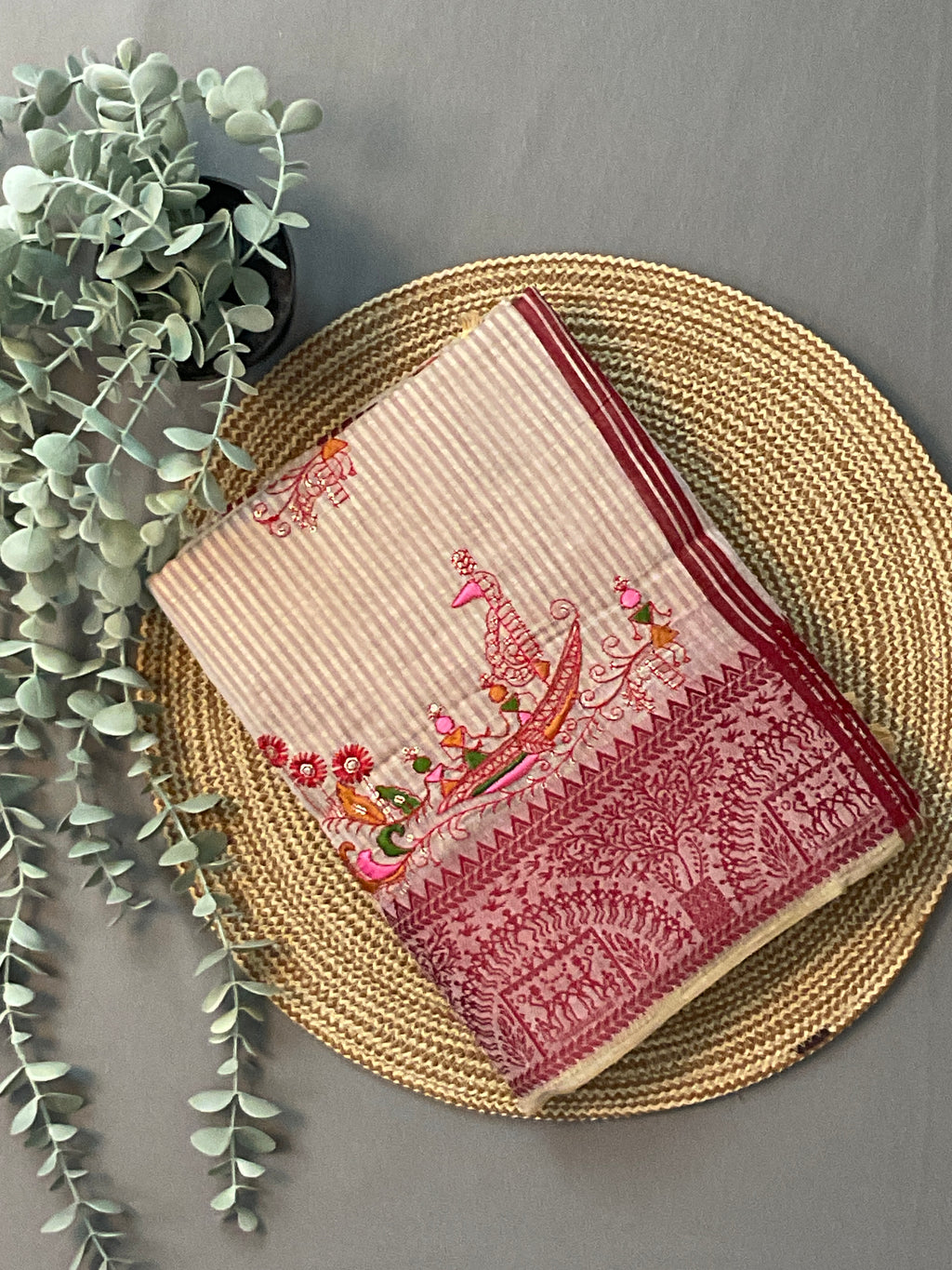 Kalamkari Hand Embroidery Cotton-Linen Saree – Off-White with Red Vareli Embroidery & Blouse