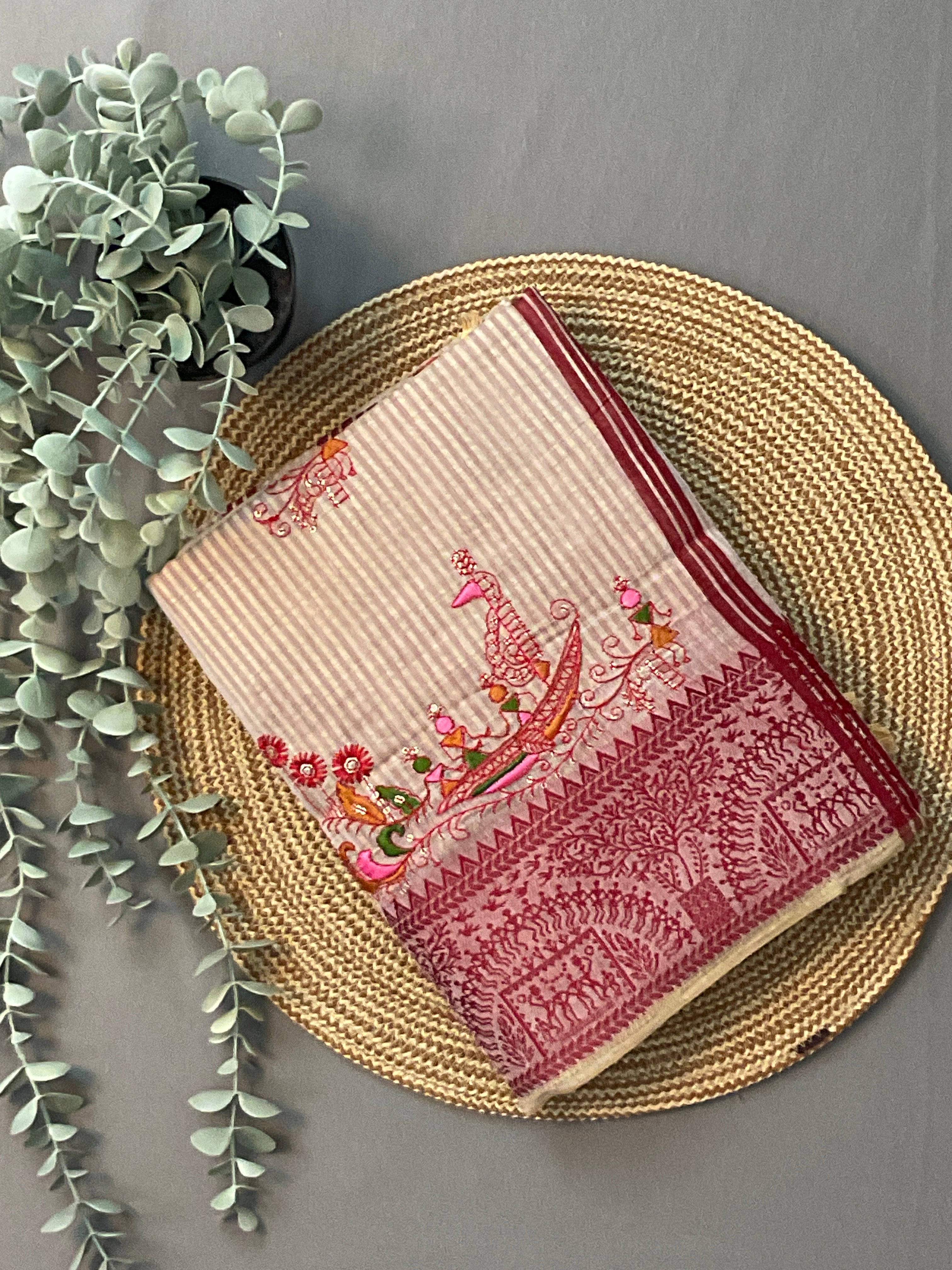 Kalamkari Hand Embroidery Cotton-Linen Saree – Off-White with Red Vareli Embroidery & Blouse