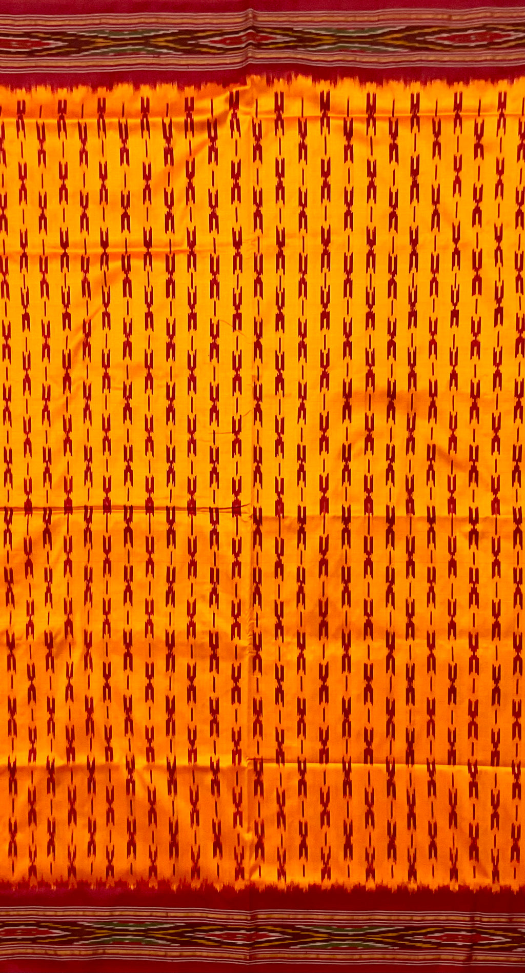 Mustard Pochampally Single Ikat Silk Saree — Red Patola Border & Pallu