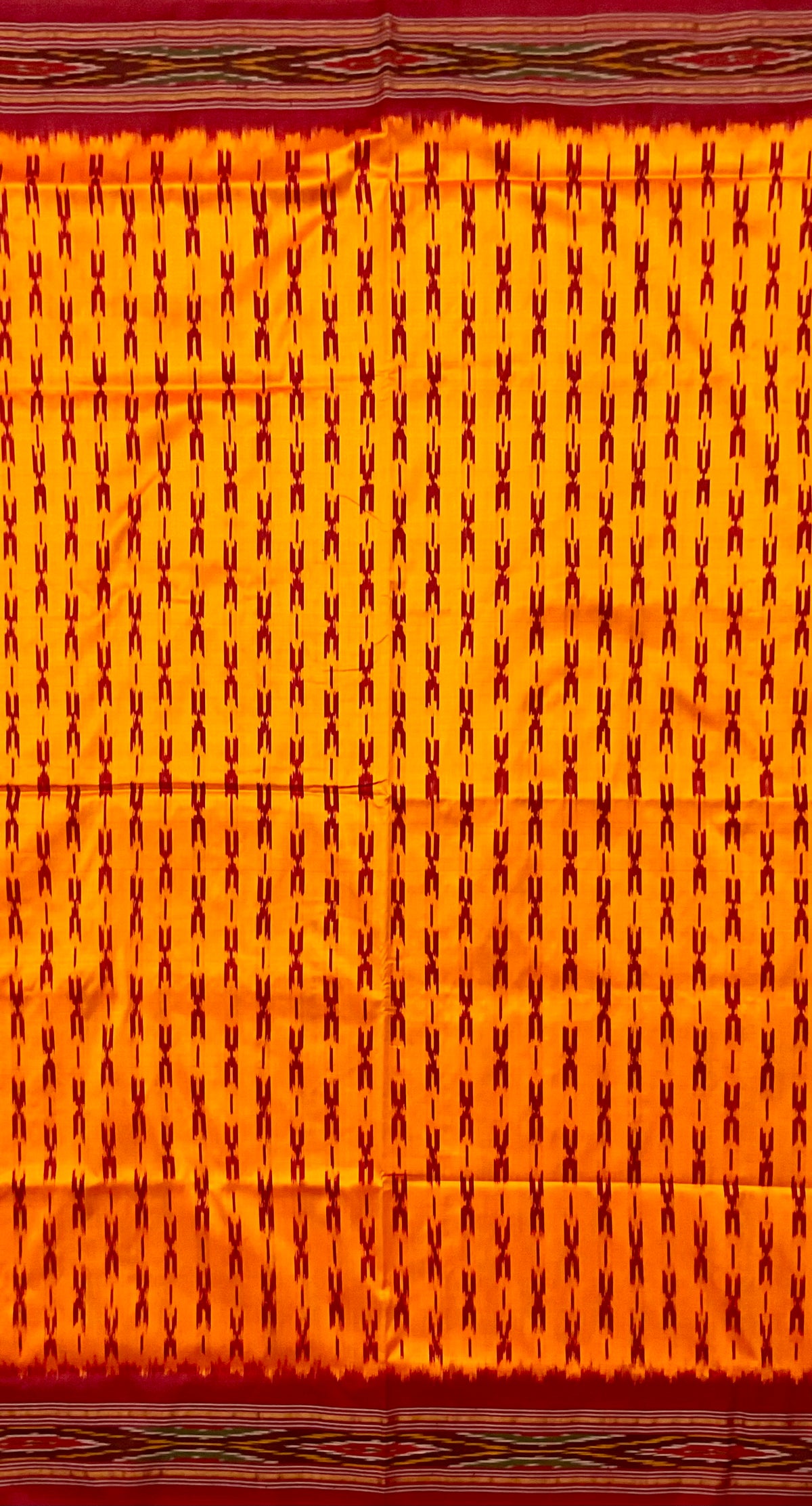 Mustard Pochampally Single Ikat Silk Saree — Red Patola Border & Pallu