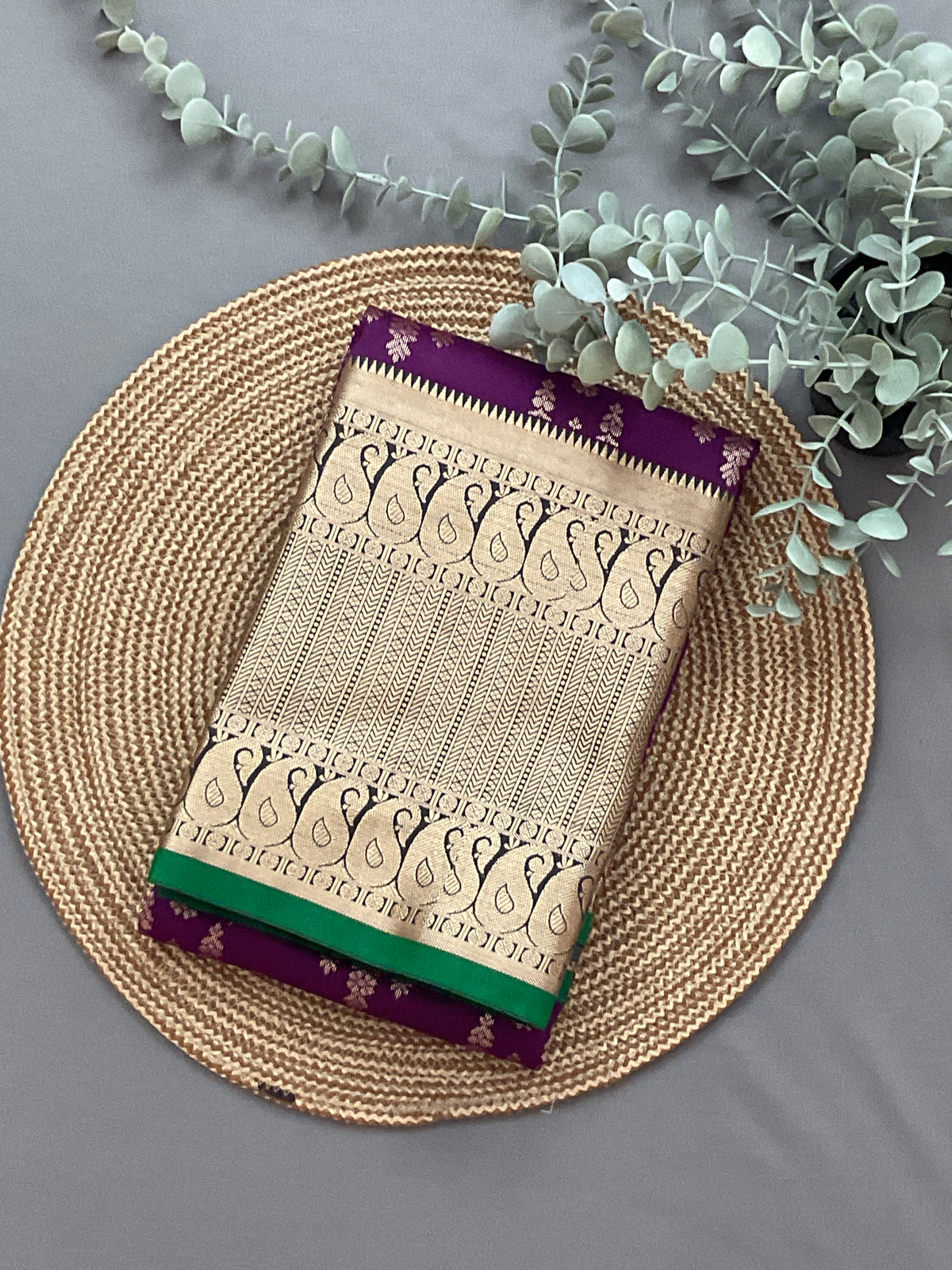 Kanchipuram Pattu Silk Saree in Purple with Contrast Pallu & Kanchi Border Blouse