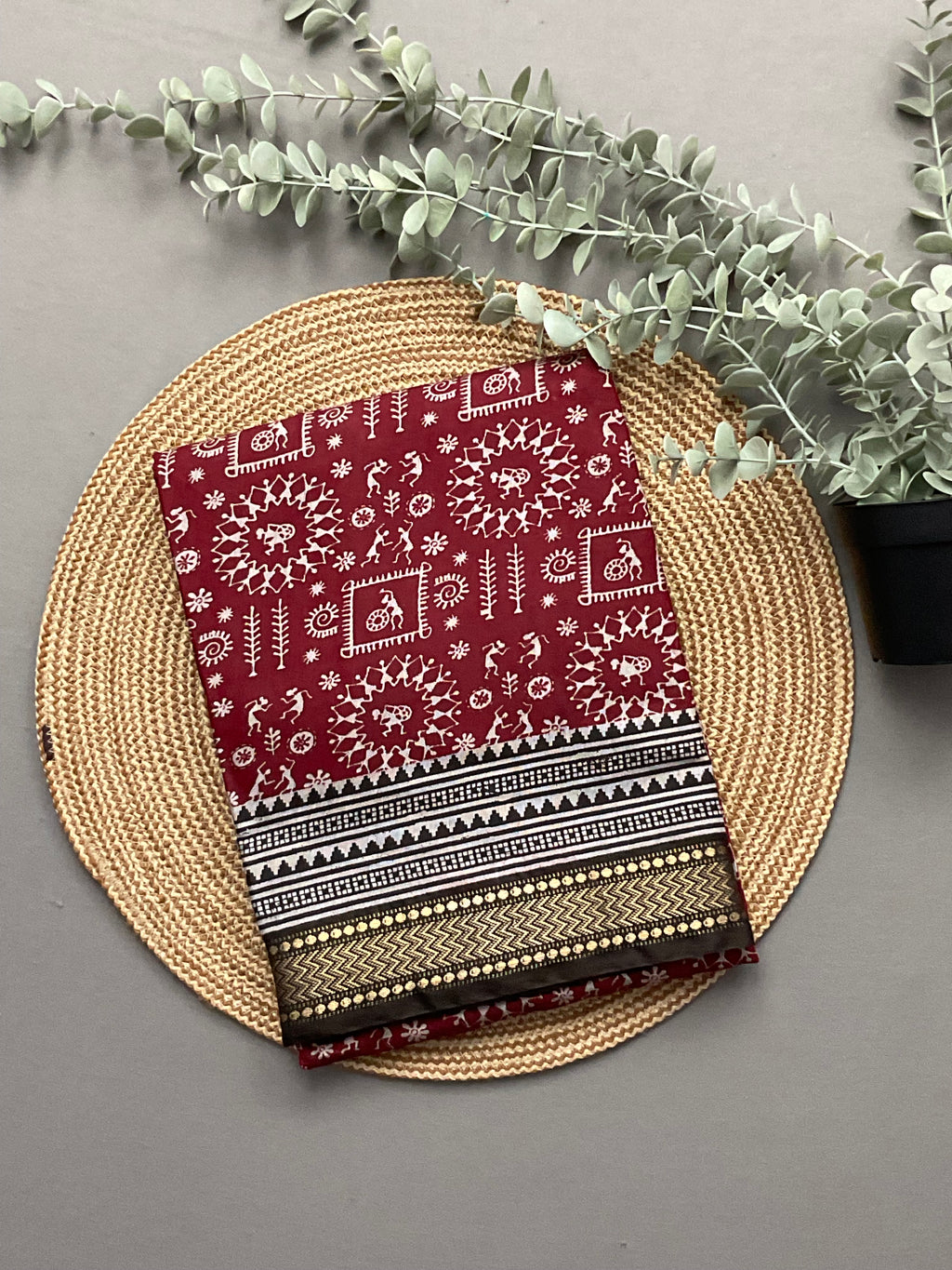 Vareli Kalamkari Printed Soft Silk Saree in Red with Black Contrast Pallu and Gold Border