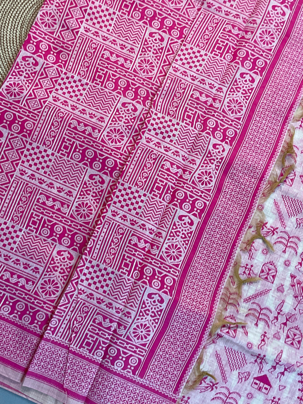 Baby Pink Kalamkari Cotton-Linen Saree
