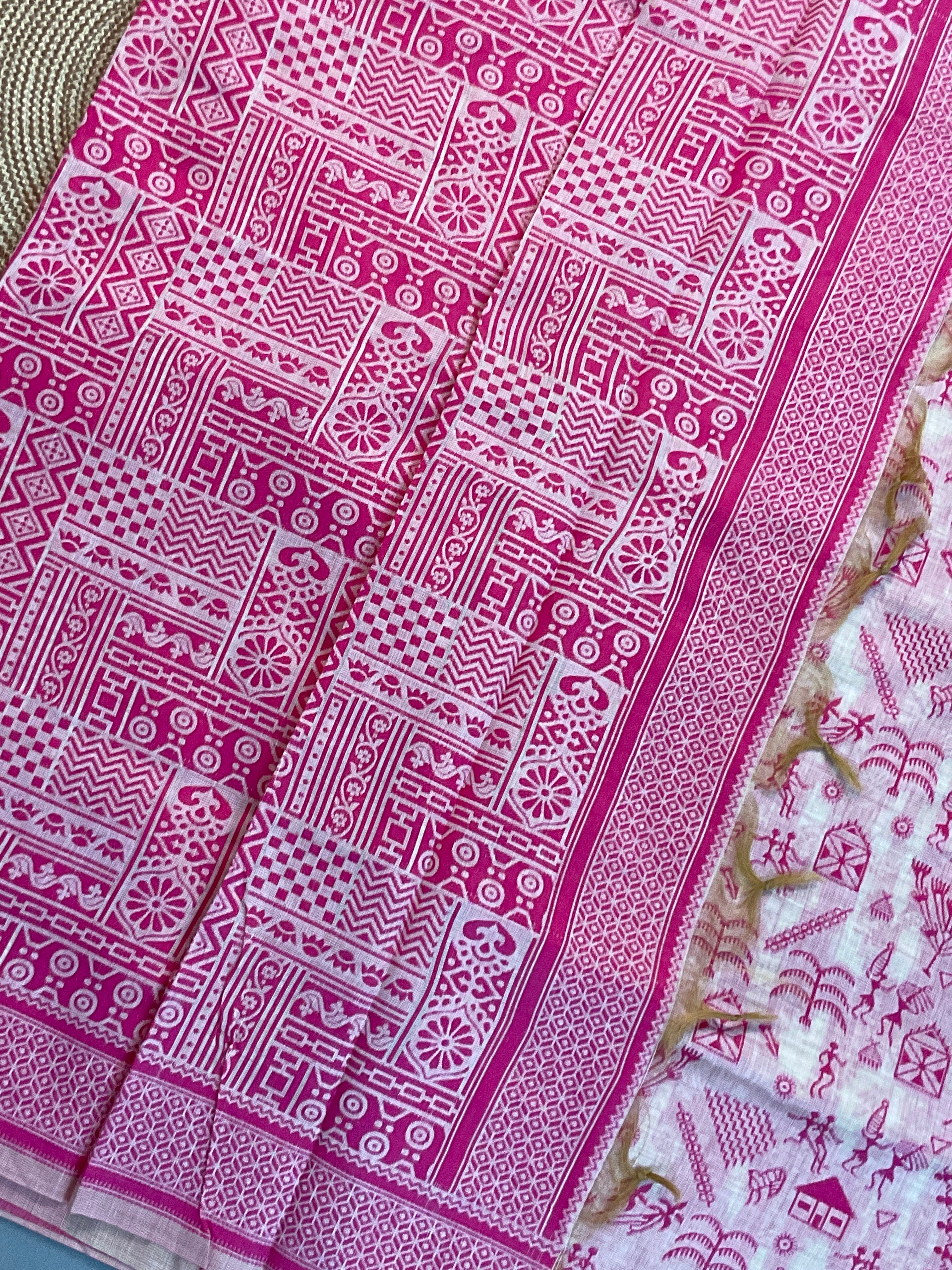 Baby Pink Kalamkari Cotton-Linen Saree