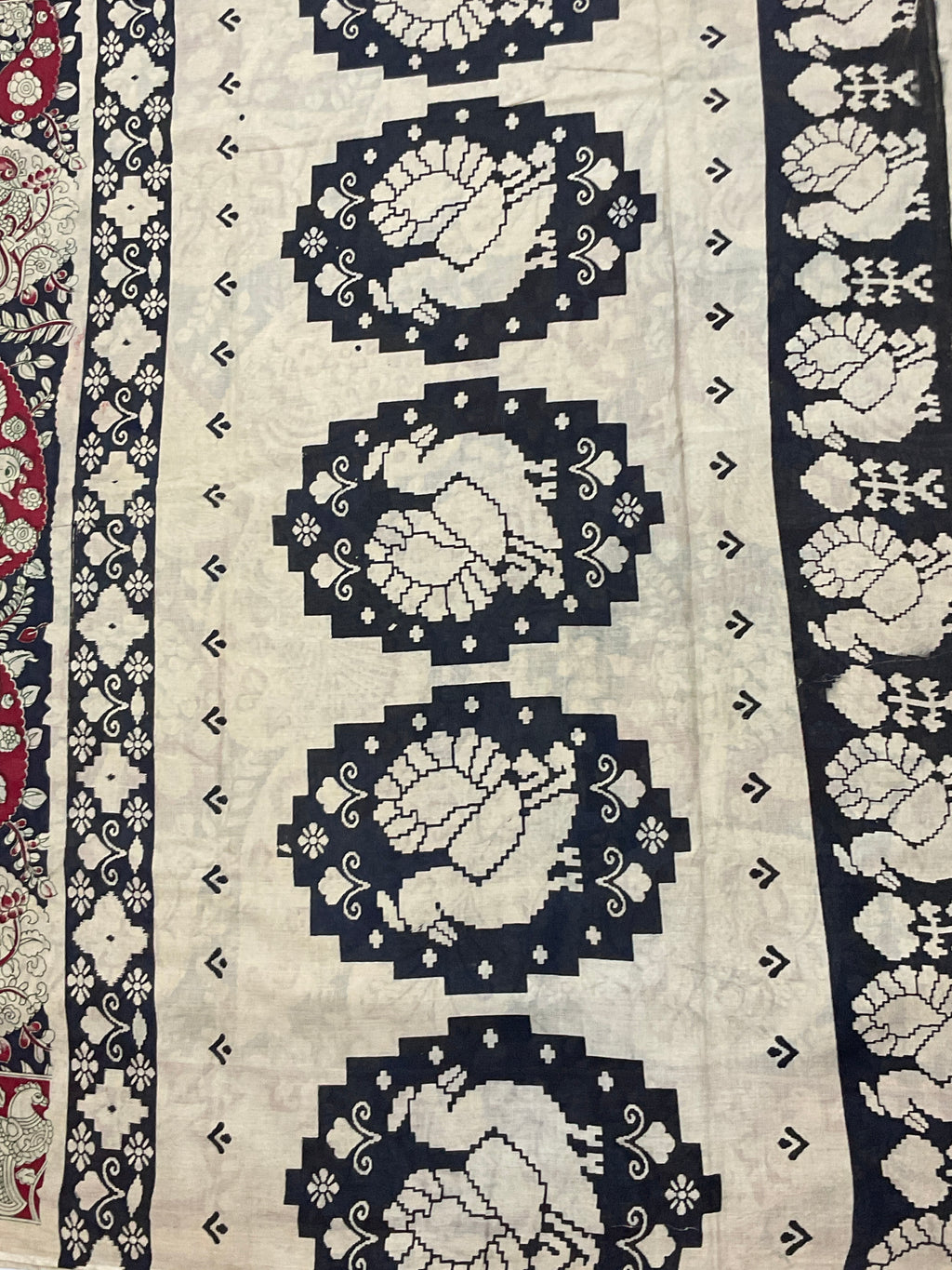 Kalamkari Hand Block Print Mul Cotton Saree – Navy Blue | With Blouse Piece