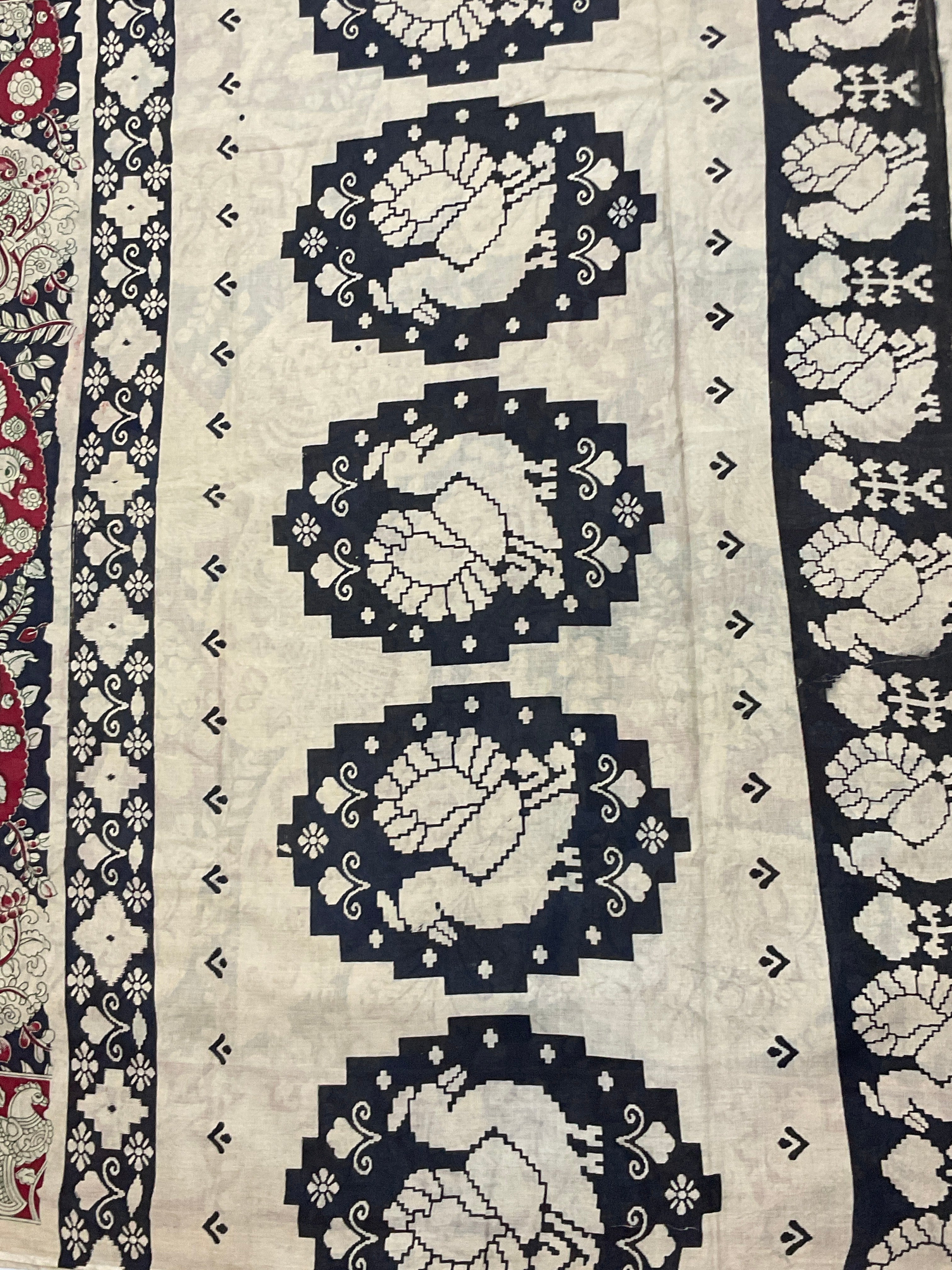 Kalamkari Hand Block Print Mul Cotton Saree – Navy Blue | With Blouse Piece