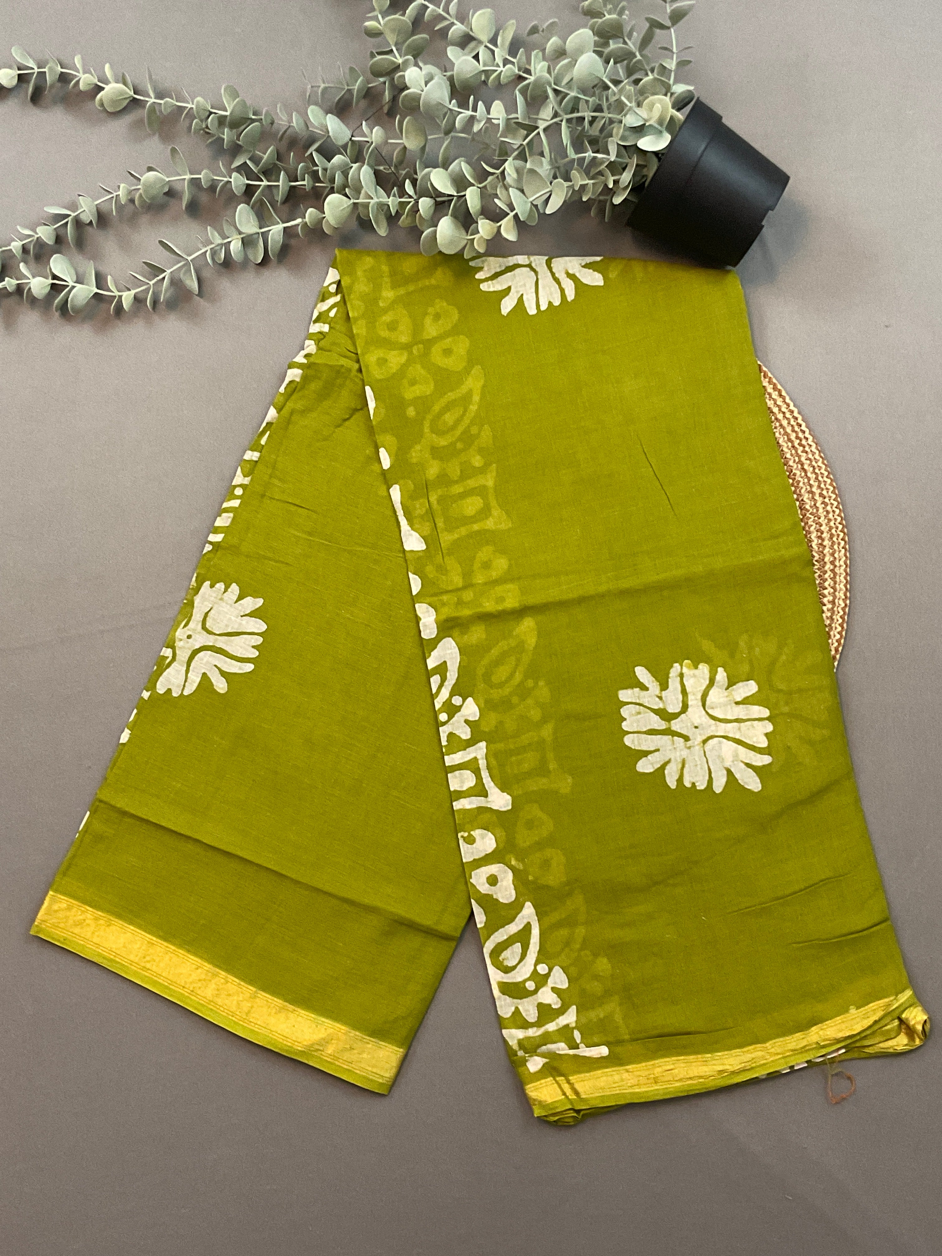 Olive Green Hand Batik Print Cotton Dress Material – Unstitched 3-Piece Suit