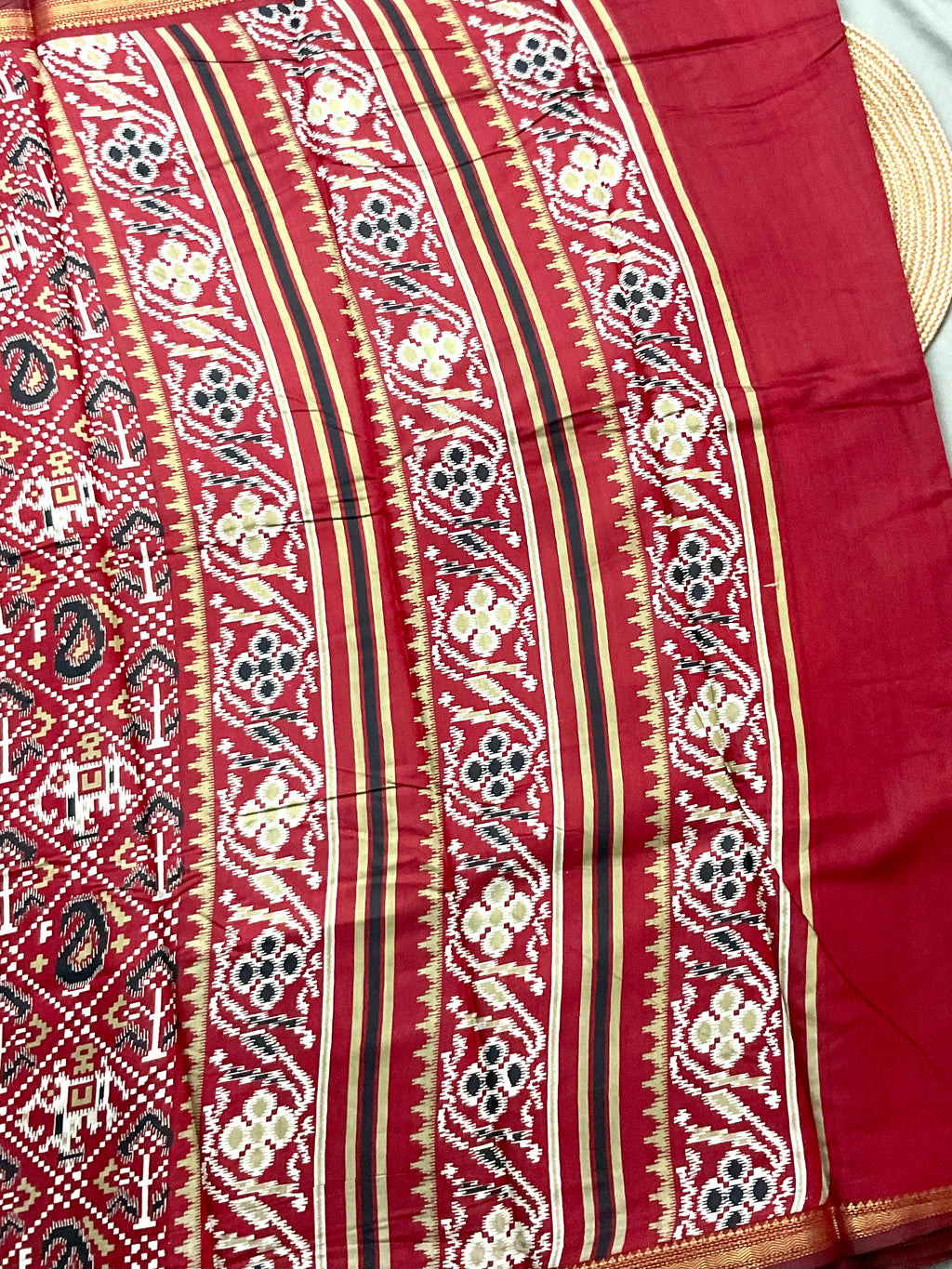Patola Printed Soft Silk Saree in Red with Designer Patola Pallu and Gold Zari