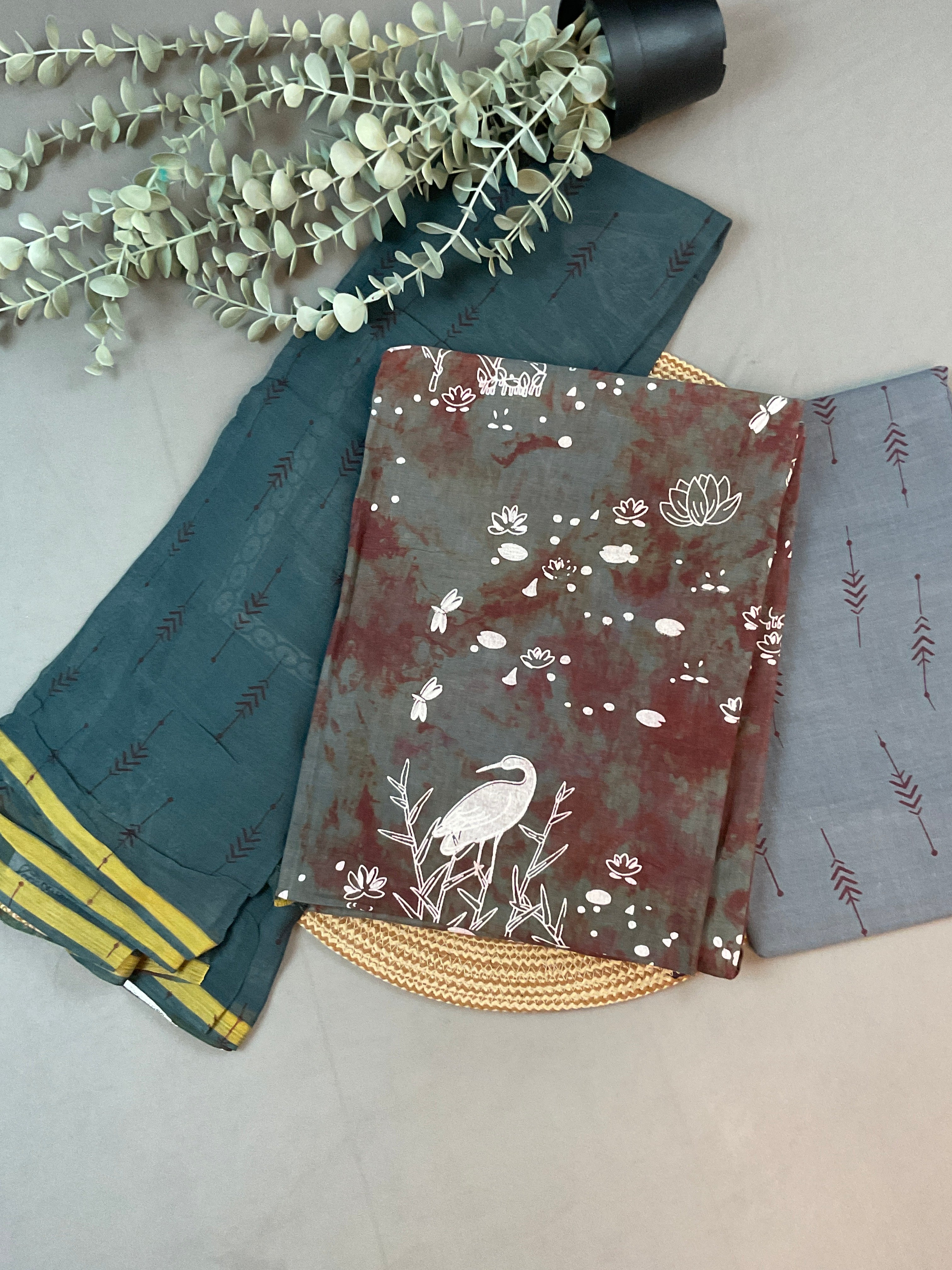 Grey & Maroon Batik Dress Material