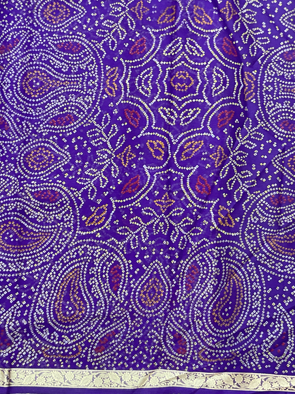 Bandini Printed Georgette Saree with Golden Weaving Border, Designer Pallu & Blouse – Purple