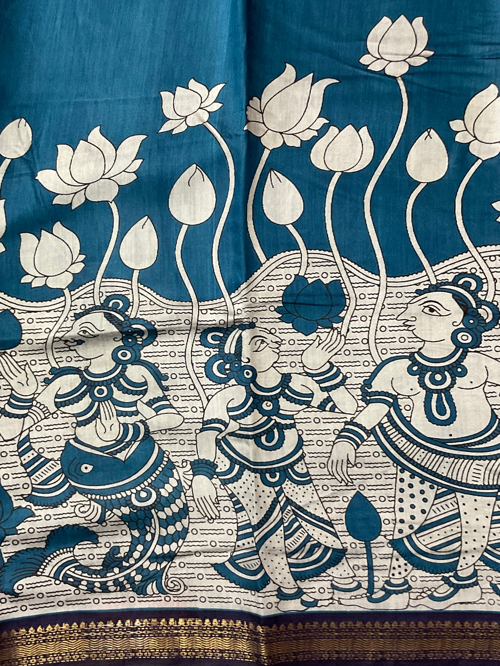 Pedana Kalamkari Hand-Block Soft Silk Saree in Royal Blue with Navy Designer Pallu & Gold Border