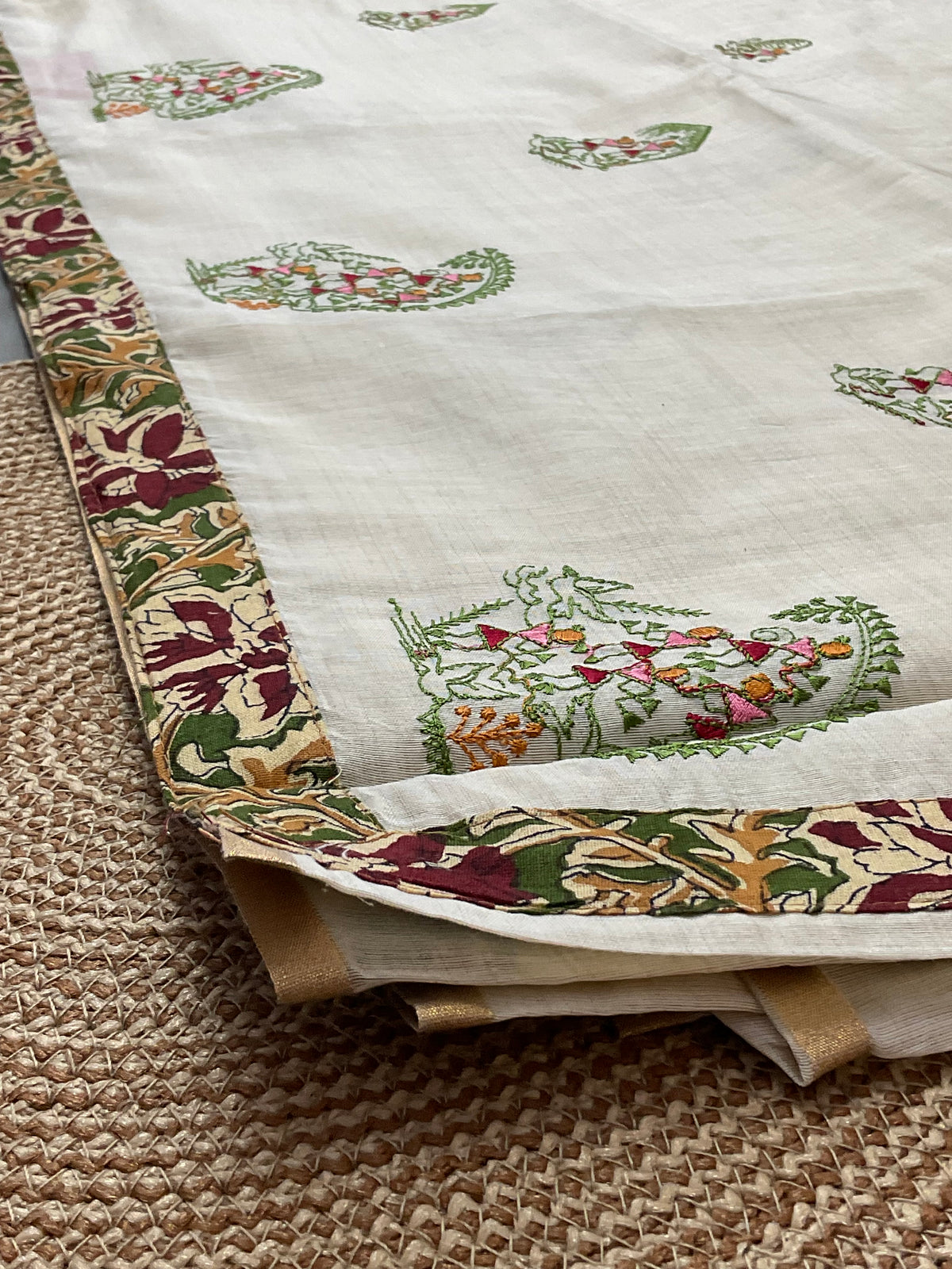Kalamkari Handwork Cotton Linen Saree in Green with Attached Kalamkari Border, Running Pallu & Designer Blouse
