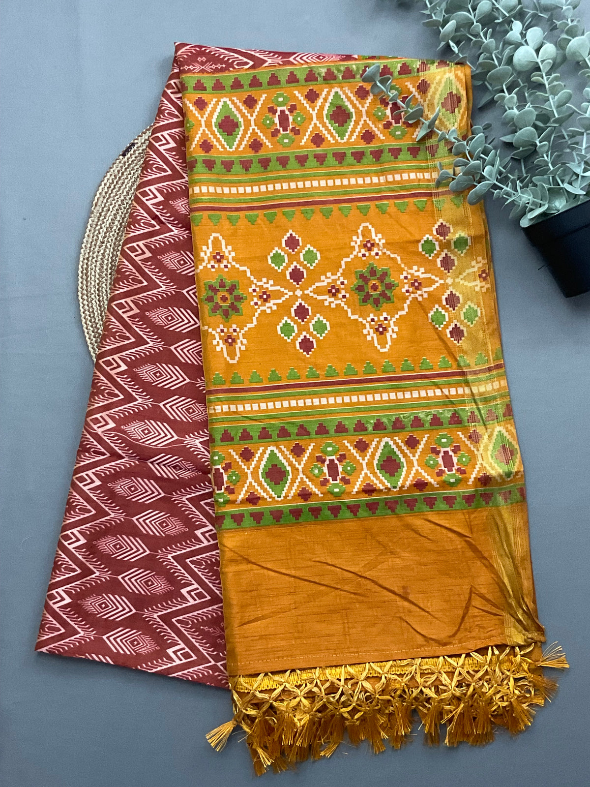 Red designer dupatta for mustard patola print silk dress material