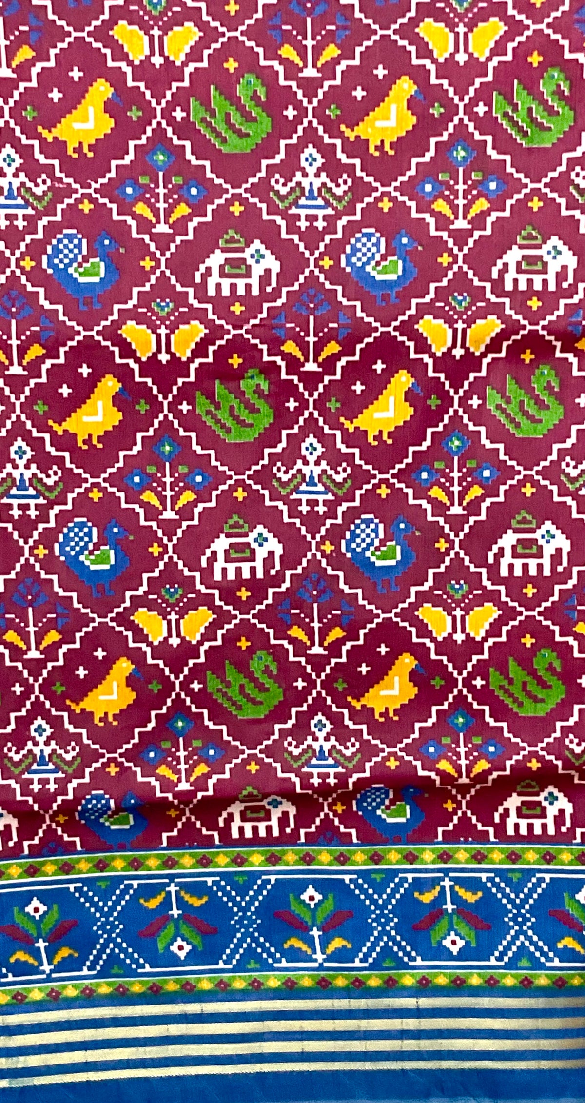 Pochampally Cotton Silk Ikkat Patola Print Saree in Maroon with Designer Blue Pallu