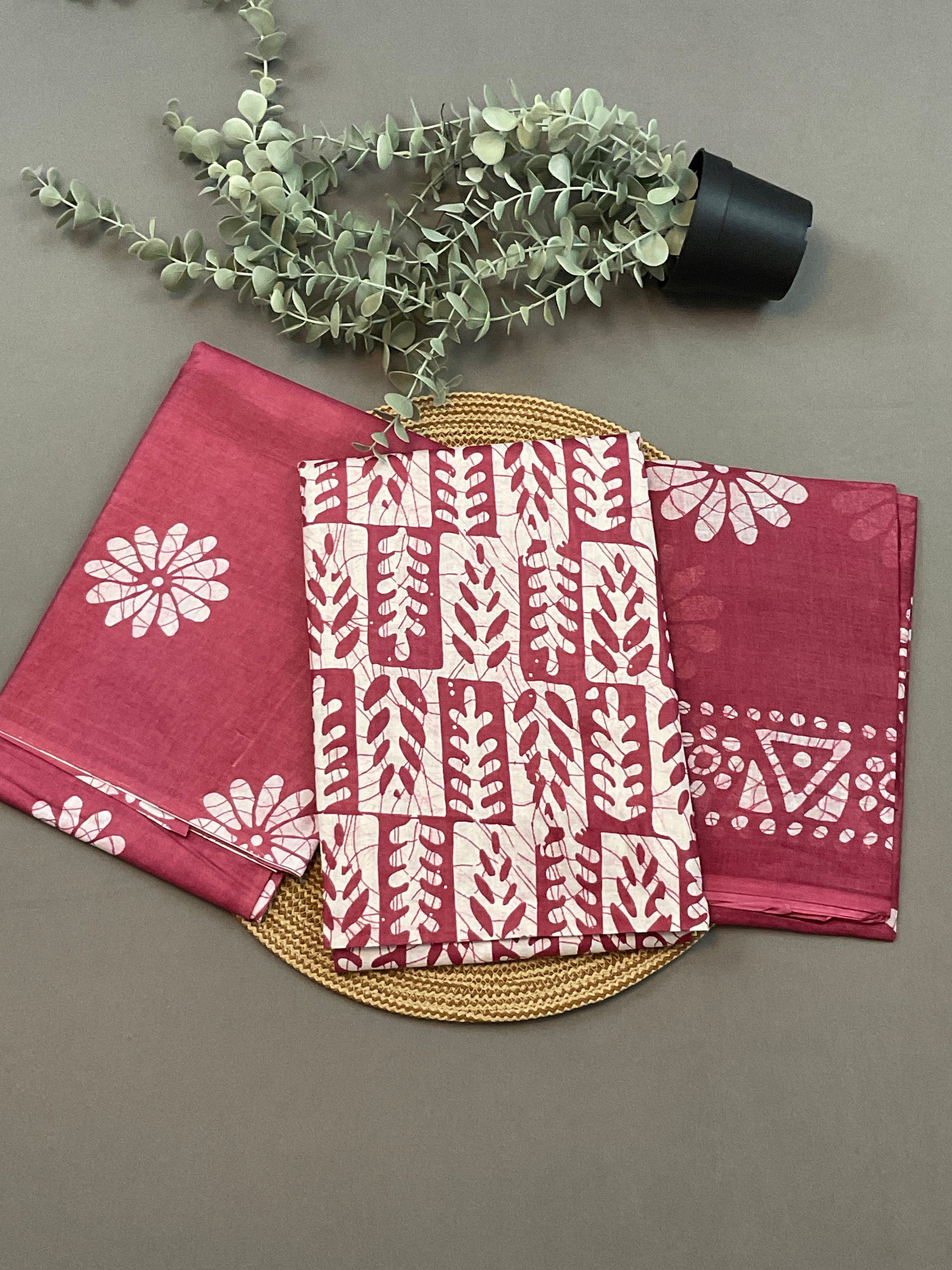 Baby Pink Hand Batik Print Cotton Dress Material – Unstitched 3-Piece Suit