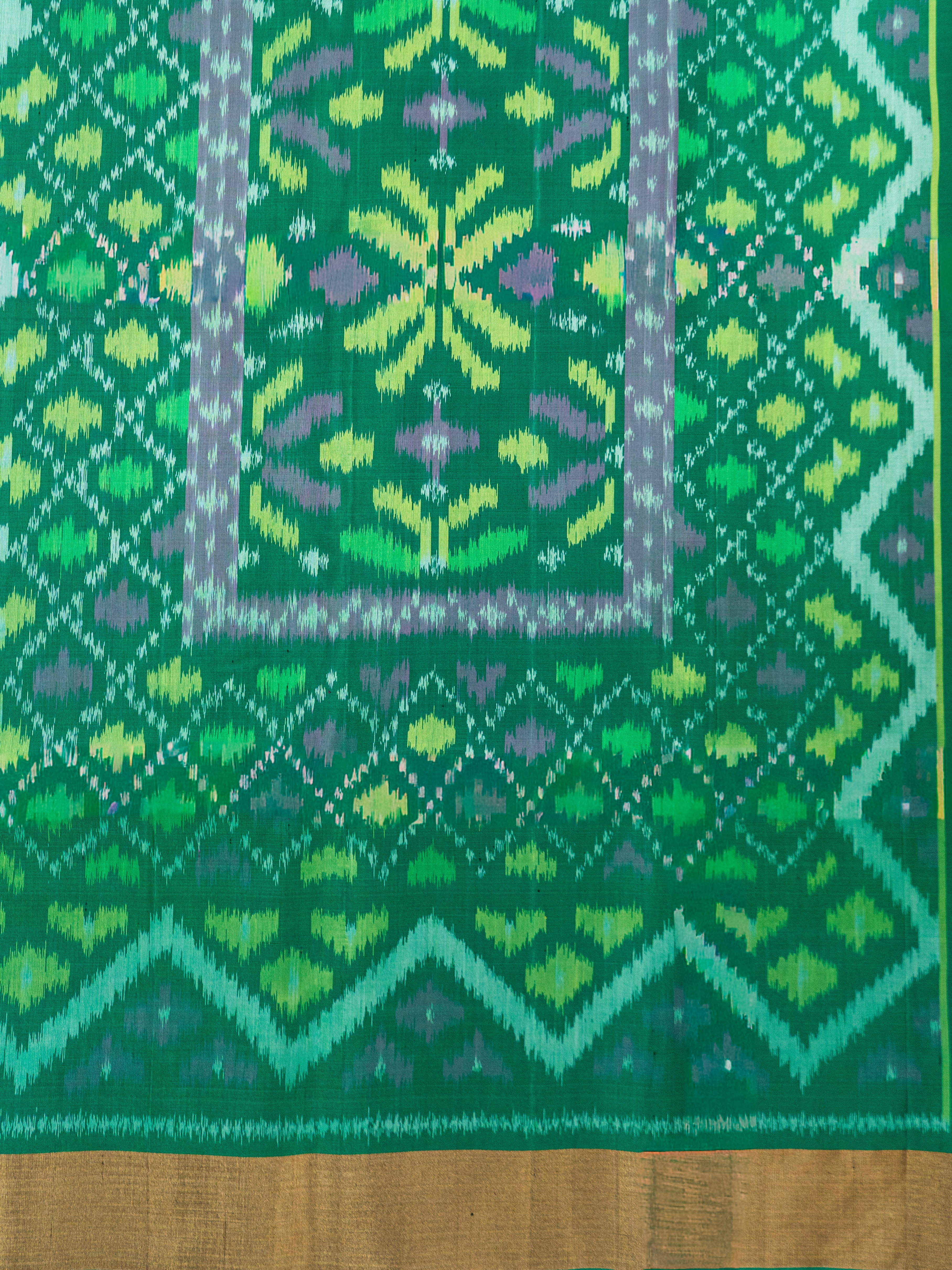 Pure Pochampally Silk Saree in Orange with Green Ikat Pallu & Multicolor Weaving