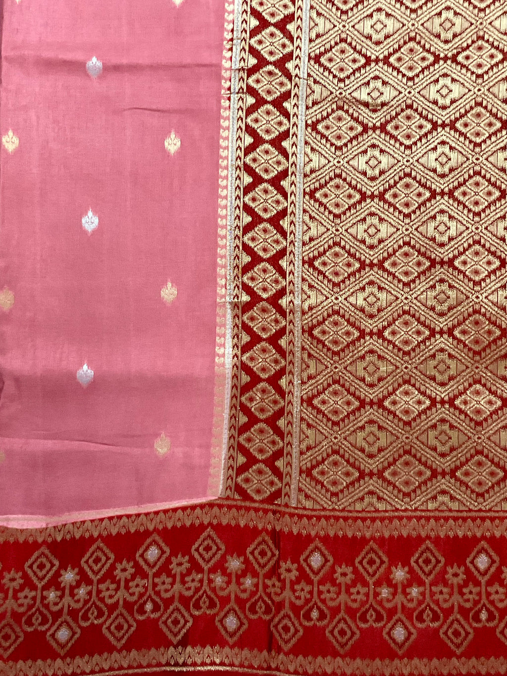 Pink Banarasi Handloom Silk Saree with Ikat Border — Maroon Contrast Pallu & Designer Blouse