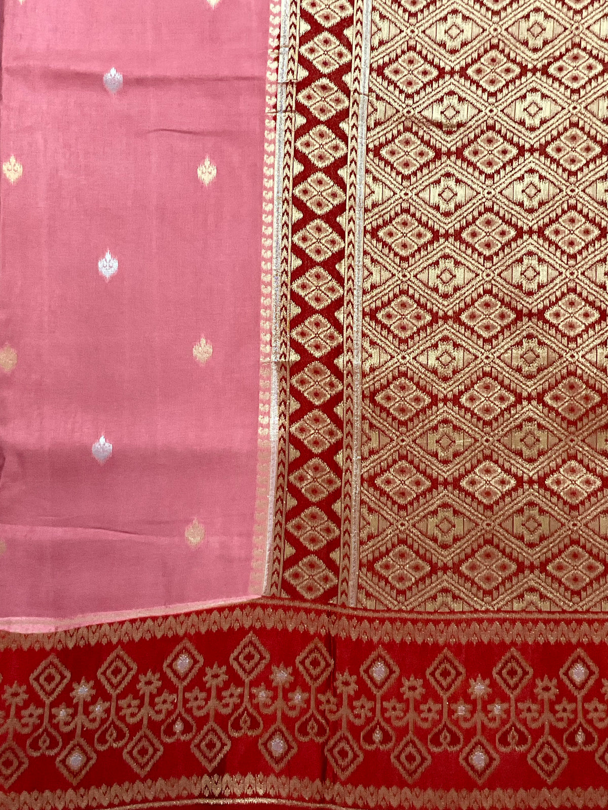 Pink Banarasi Handloom Silk Saree with Ikat Border — Maroon Contrast Pallu & Designer Blouse
