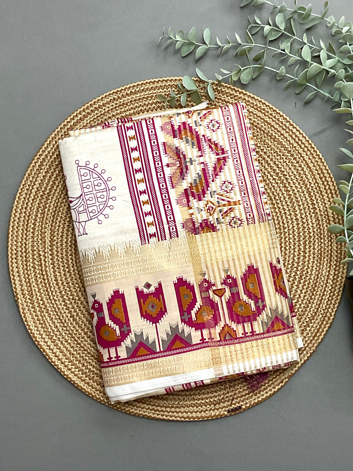 White & Gold Handloom Cotton Silk Saree with Pink Pochampally Weaving — Zari Pallu & Blouse Piece