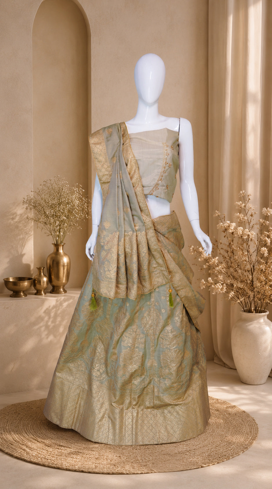 Sage Mint Handloom Banarasi Silk Lehenga with gold Zari Brocade