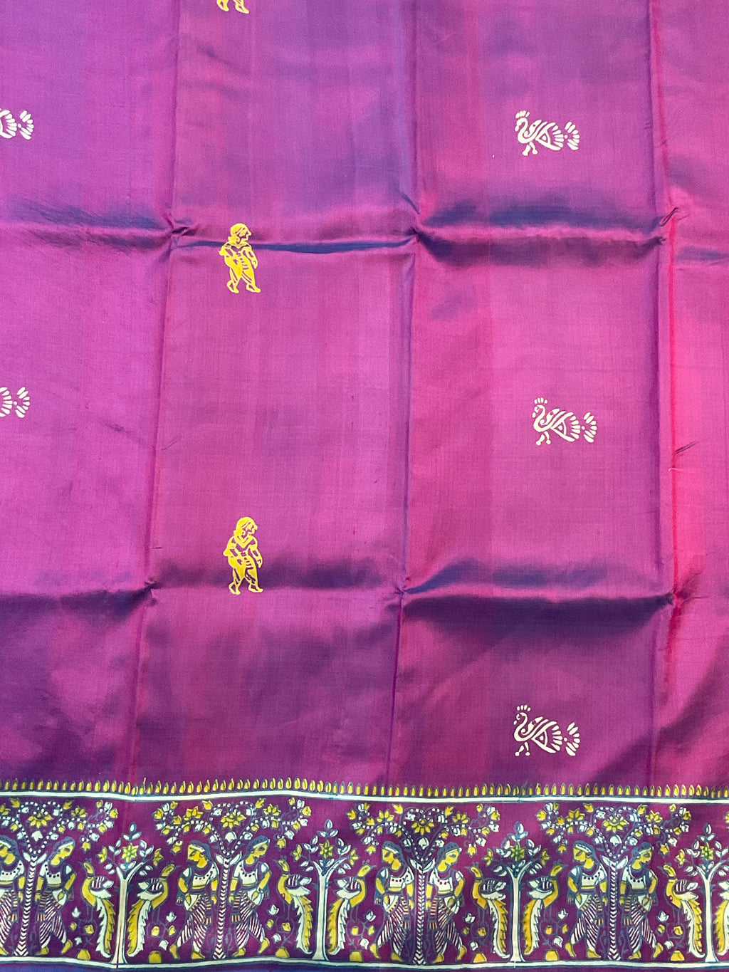 Kalamkari Hand Block Printed Pure Silk Saree in Purple with Designer Pallu & Blouse