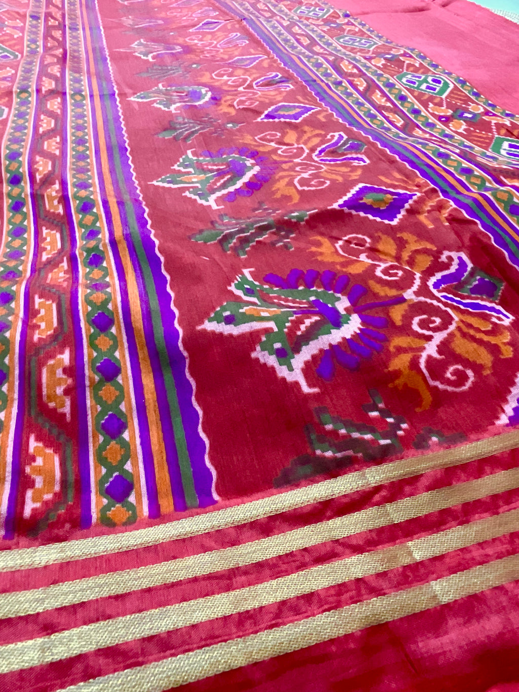 Handprinted Pochampally Patola Cotton Silk Saree in Orange with Red Patola Pallu