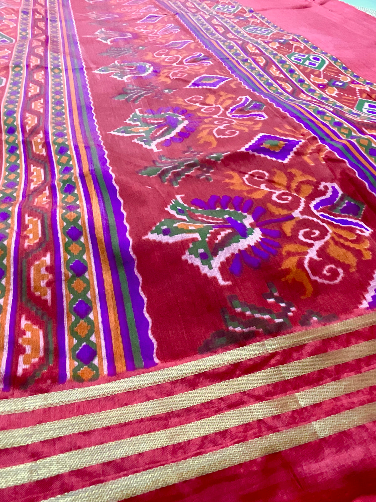 Handprinted Pochampally Patola Cotton Silk Saree in Orange with Red Patola Pallu