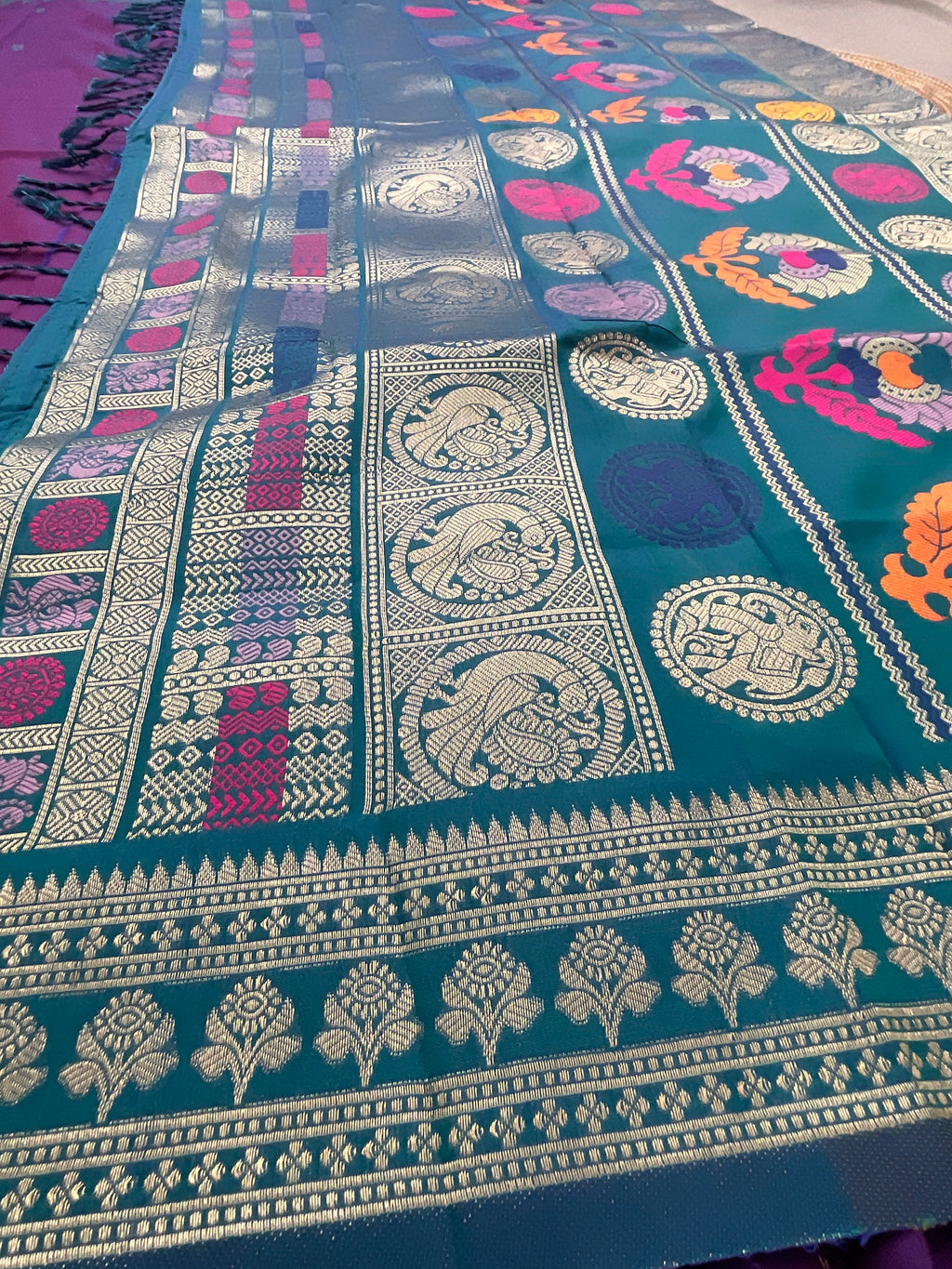 Vibrant Purple Jamdani Silk Saree with Temple Border and Blue-Green Pallu