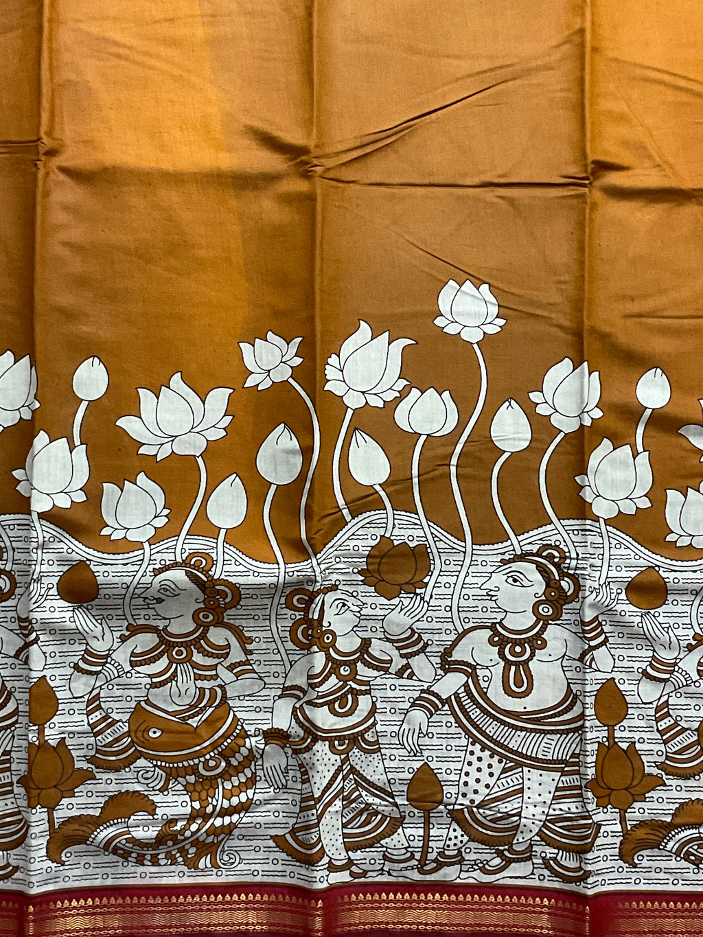 Pedana Kalamkari Hand-Block Soft Silk Saree in Deep Mustard with Red Designer Pallu & Gold Border