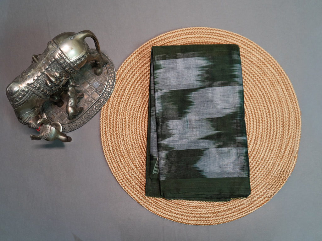 Deep Green Pochampally Ikat Cotton Saree with White Pallu