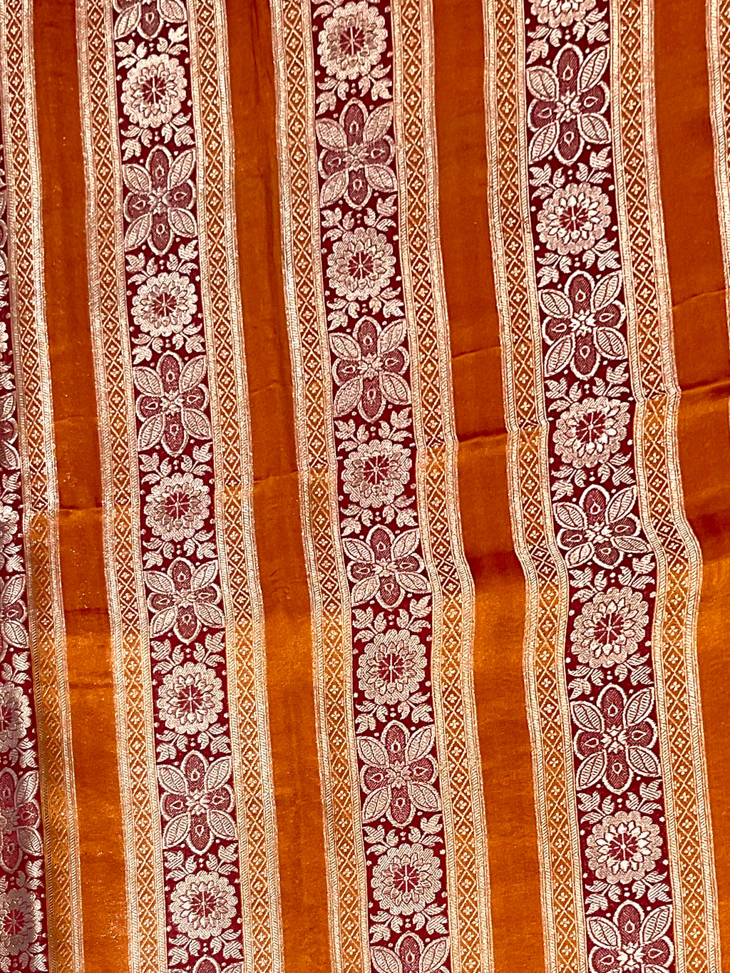 Orange Banarasi Handloom Silk Fabric with Red Stripes & Floral Weave (Per Metre)