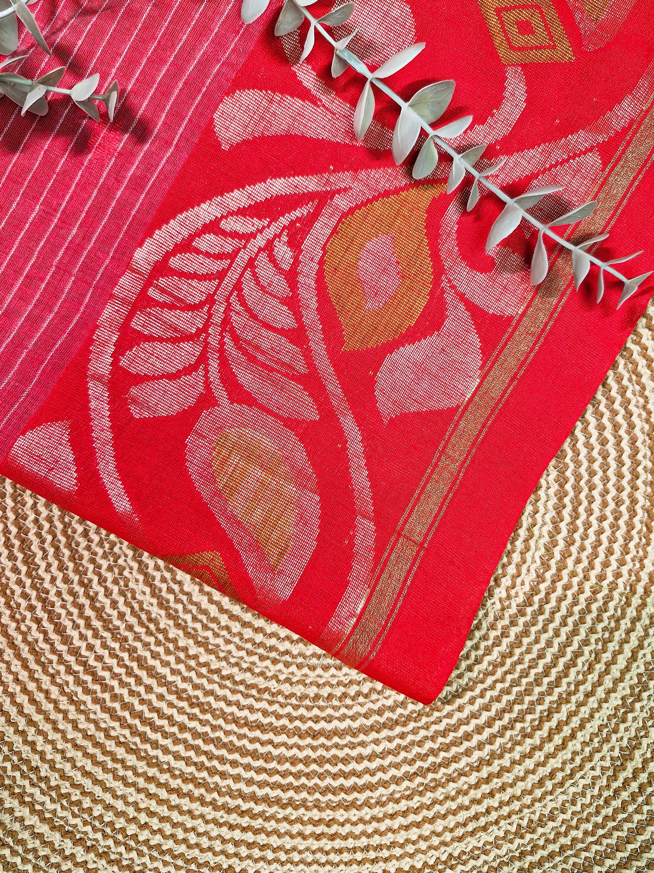 Ivory & Red Pochampally Kota Cotton Saree with Zari Buttas