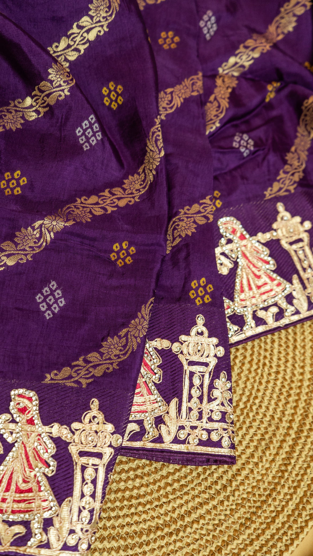 Deep Purple Pure Handloom Silk Saree – Bandhej Weave, Rajwada Pallu & Heavy Embroidered Border