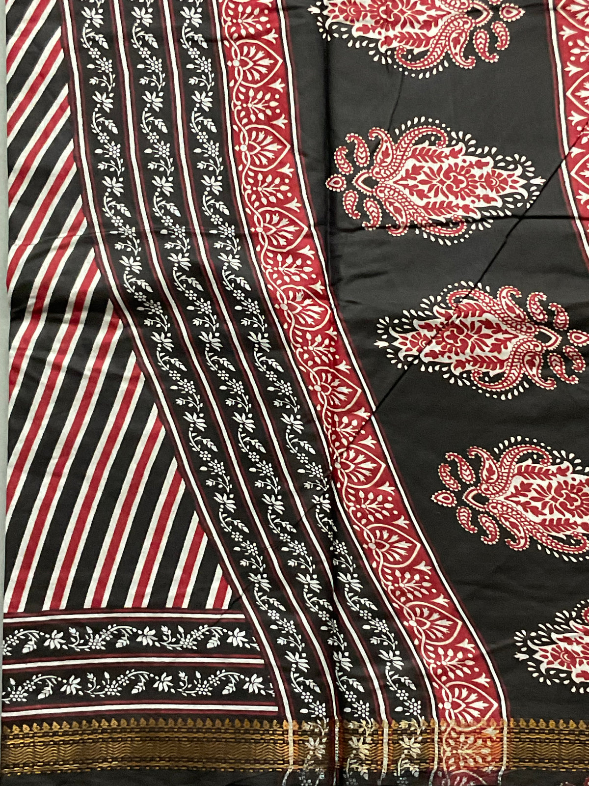 Kalamkari Leheriya Printed Soft Silk Saree in Black with Designer Pallu and Gold Border